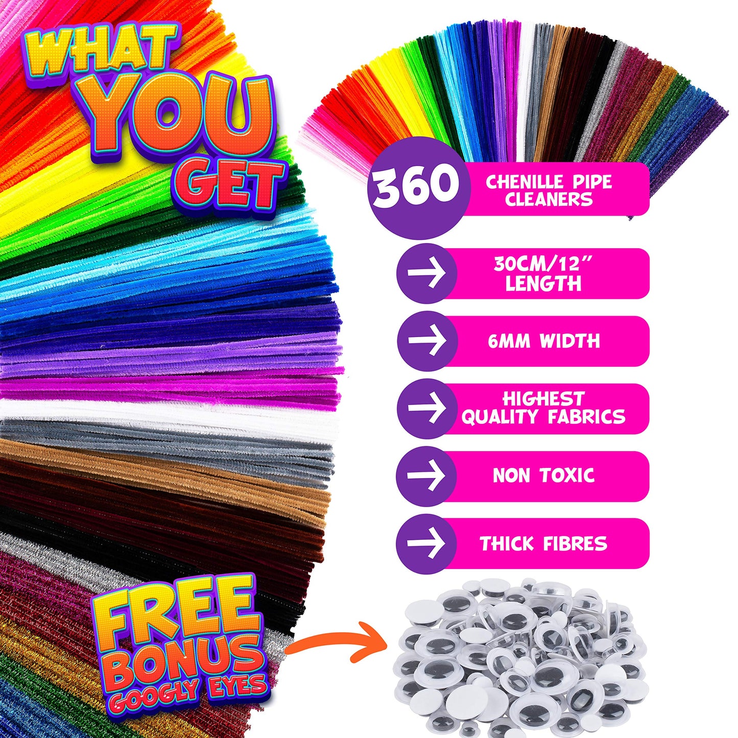 Blue Squid Chenille Stems Pipe Cleaners – 460-Piece Craft Pack with 360 Large Stems & 100 Googly Eyes