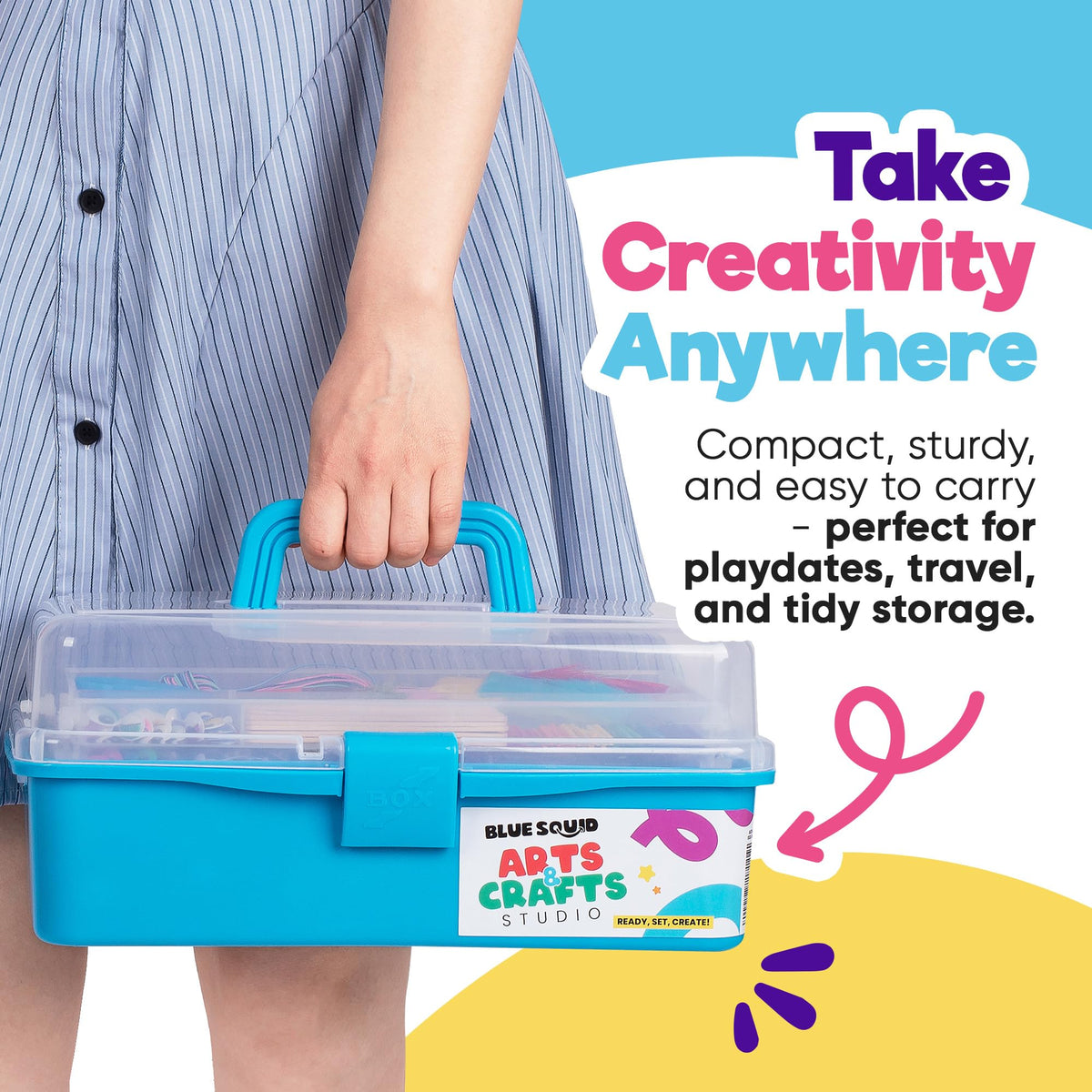 Blue Squid Arts & Crafts Box: Deluxe 2800+ Supplies, 2 Drawers, 18 Compartments | Gift for Kids 4-12