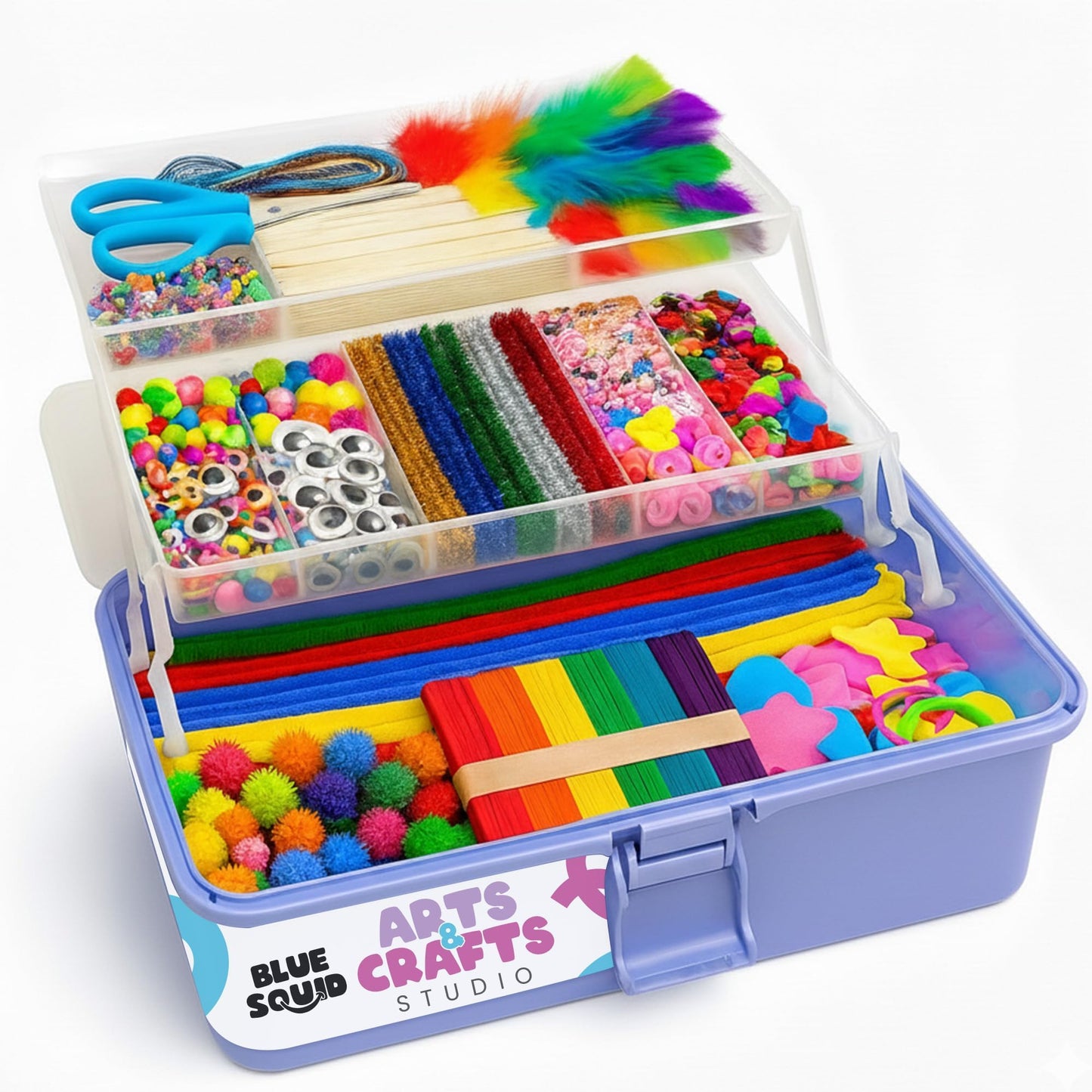 Blue Squid Arts & Crafts Box (Purple) – Deluxe 2800+ Craft Supplies Kit with 2 Drawers & 18 Compartments