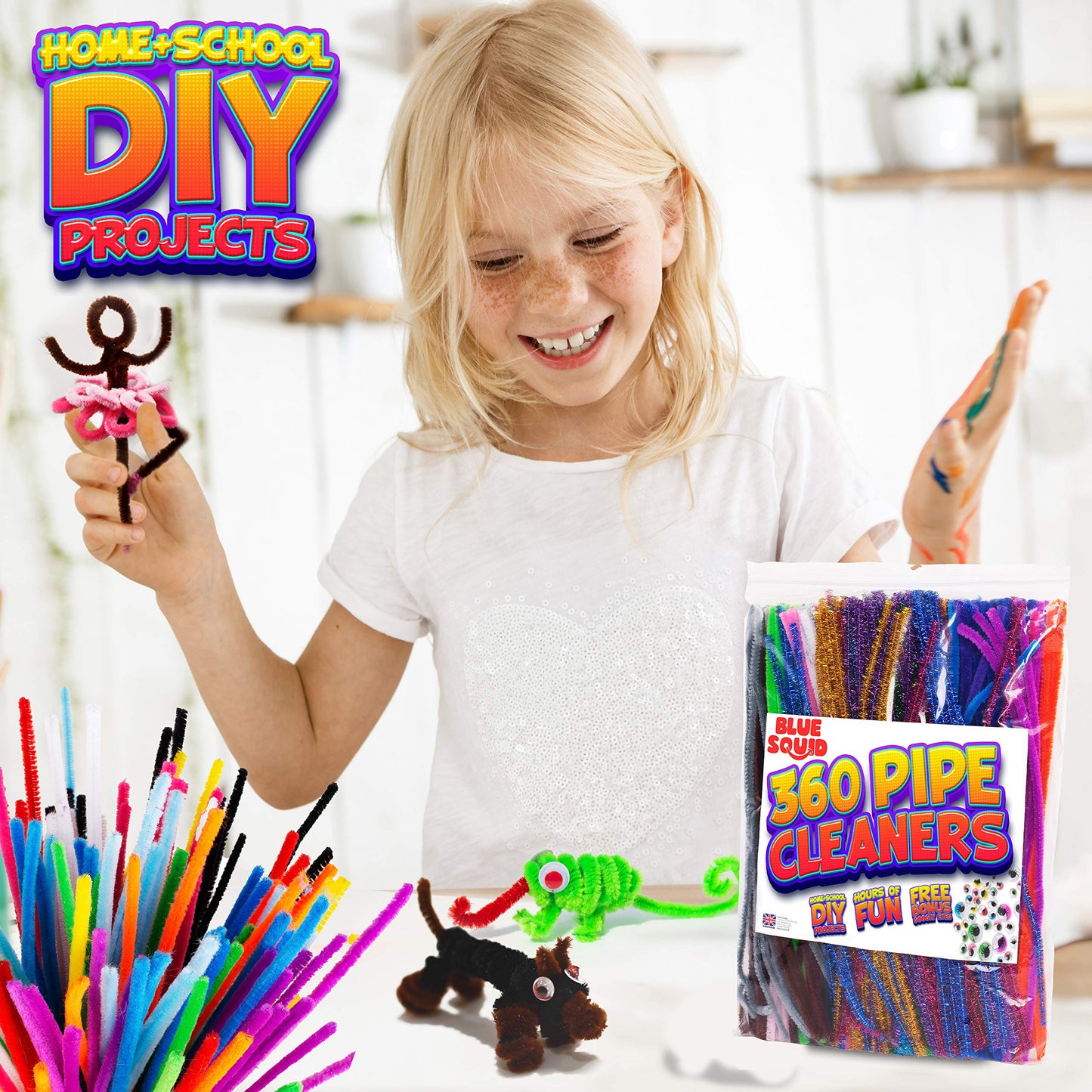Blue Squid Chenille Stems Pipe Cleaners – 460-Piece Craft Pack with 360 Large Stems & 100 Googly Eyes