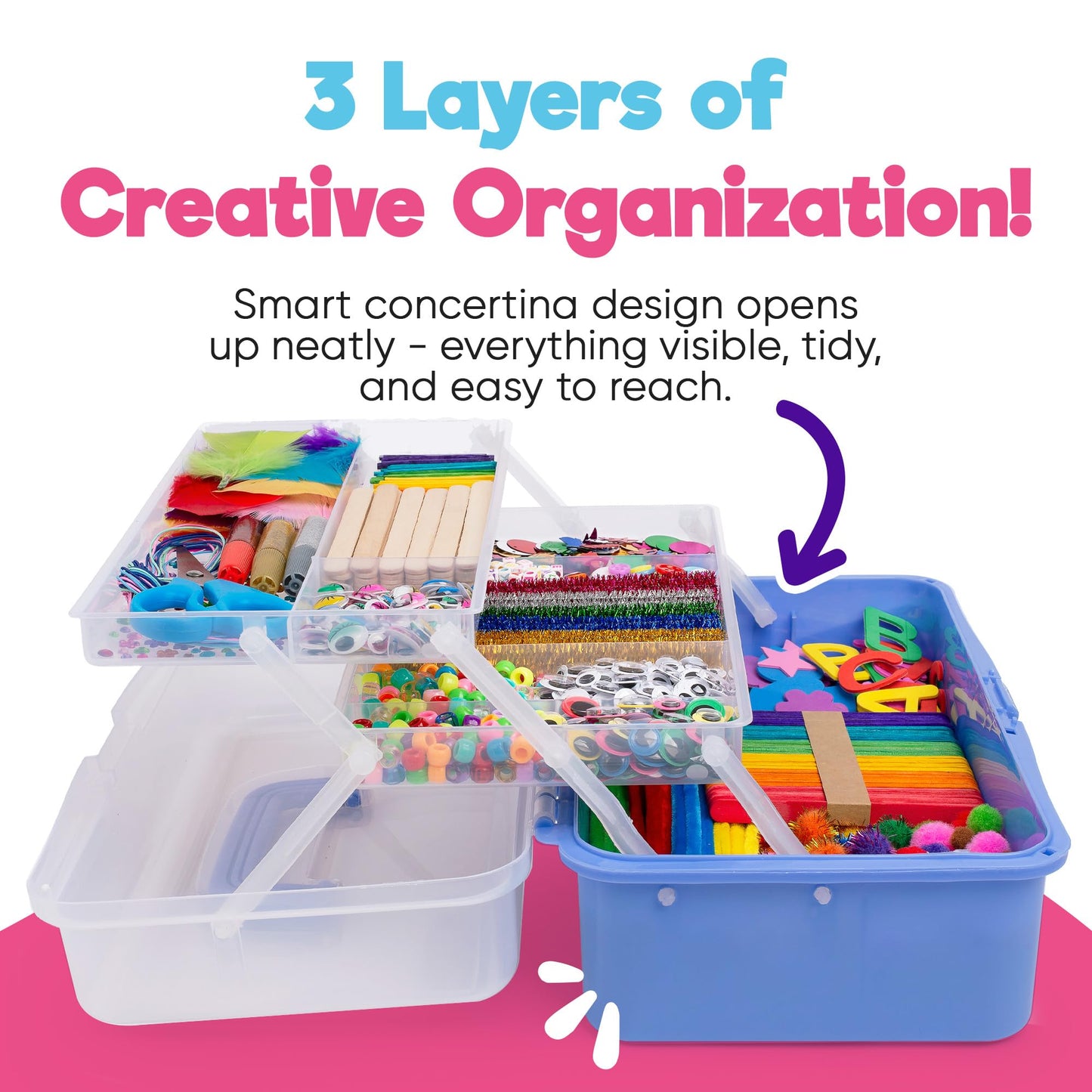 Blue Squid Arts & Crafts Box (Purple) – Deluxe 2800+ Craft Supplies Kit with 2 Drawers & 18 Compartments