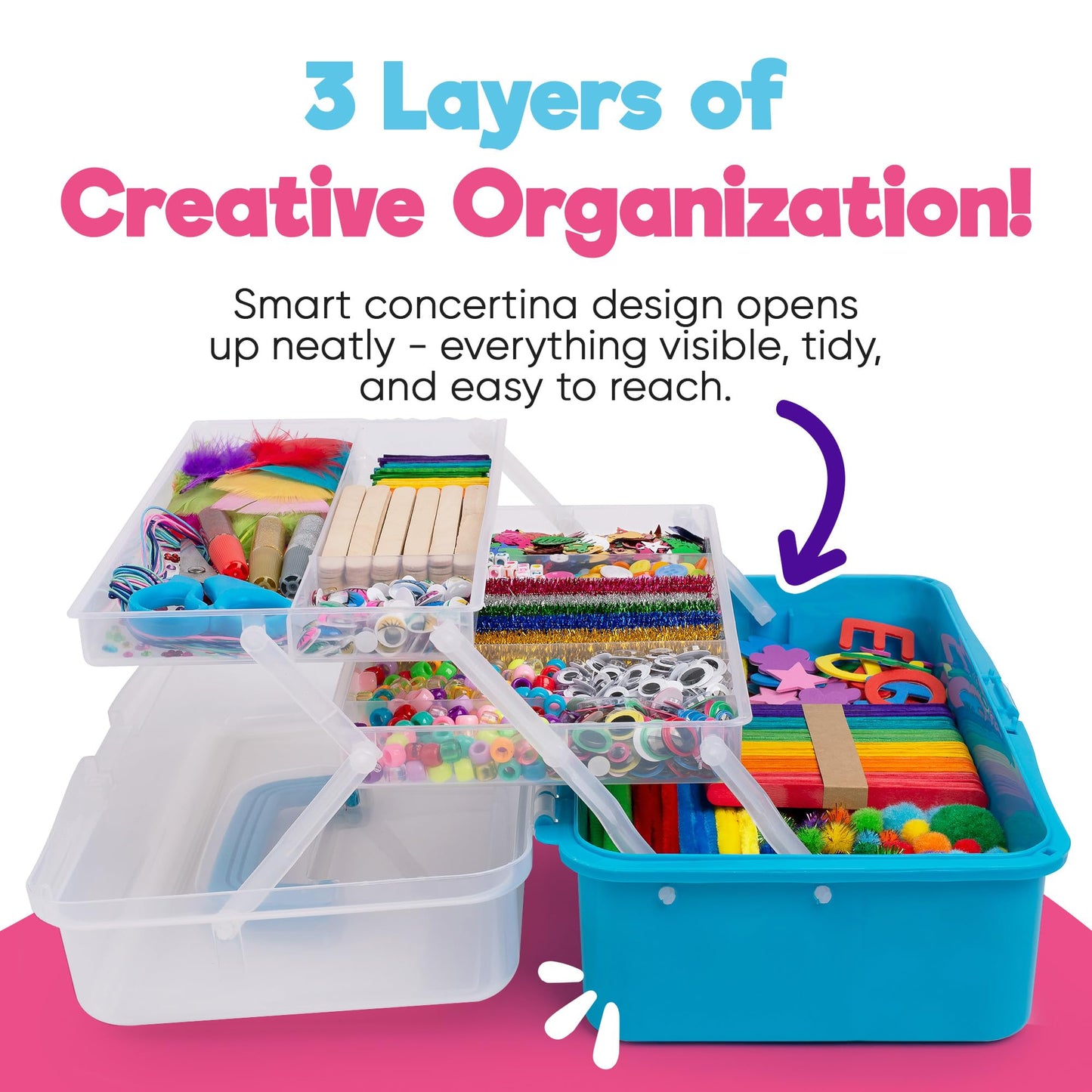Blue Squid Arts & Crafts Box: Deluxe 2800+ Supplies, 2 Drawers, 18 Compartments | Gift for Kids 4-12