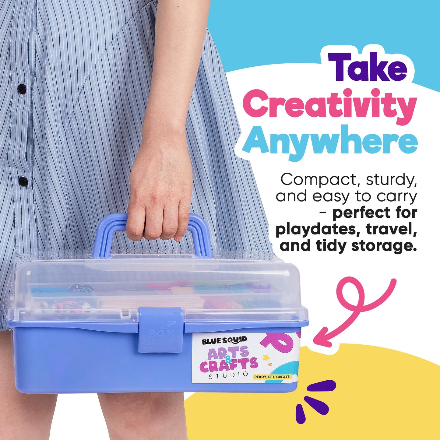 Blue Squid Arts & Crafts Box (Purple) – Deluxe 2800+ Craft Supplies Kit with 2 Drawers & 18 Compartments