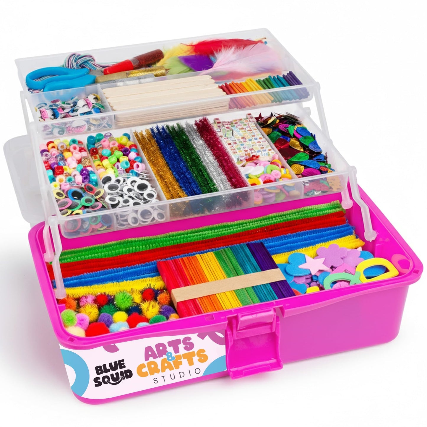 Blue Squid Pink Arts & Crafts Box – 2800+ Pieces Deluxe Craft Kit (2 Drawers, 18 Compartments)