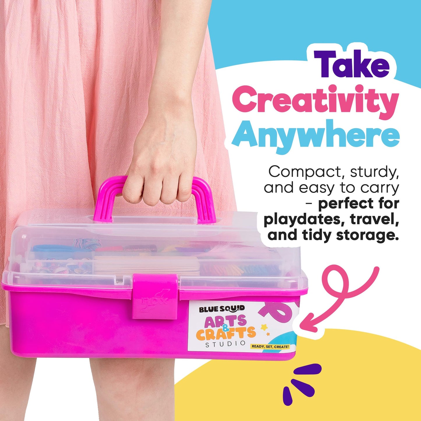 Blue Squid Pink Arts & Crafts Box – 2800+ Pieces Deluxe Craft Kit (2 Drawers, 18 Compartments)