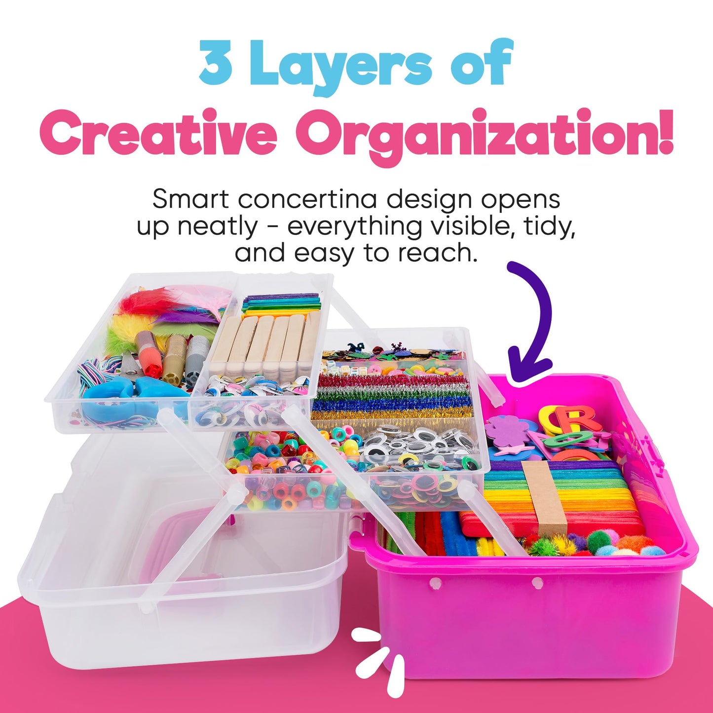 Blue Squid Pink Arts & Crafts Box – 2800+ Pieces Deluxe Craft Kit (2 Drawers, 18 Compartments)