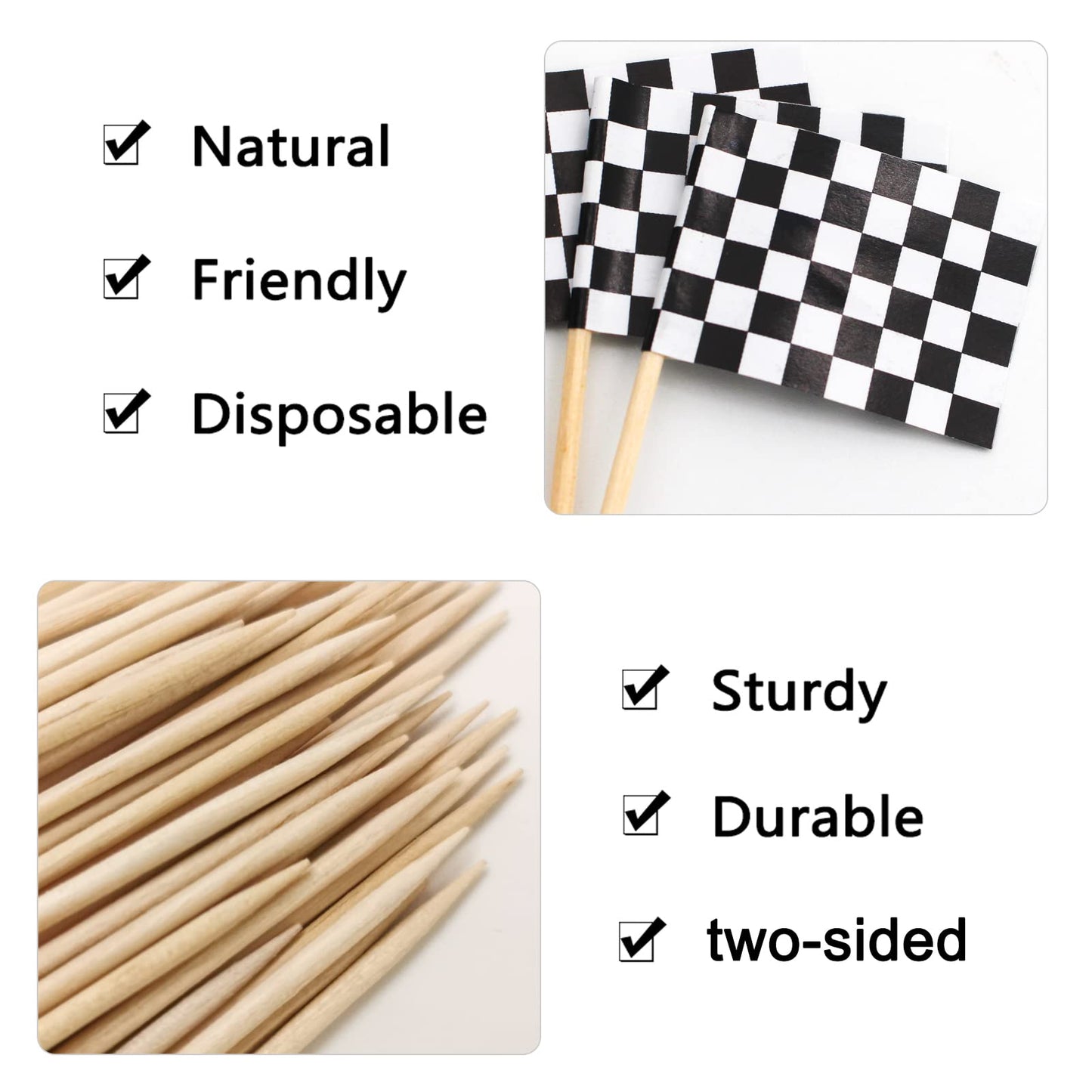 BLUE TOP 100 Pcs Checkered Black and White Racing Flag Toothpicks - Cupcake Toppers for Parties & Sports Events