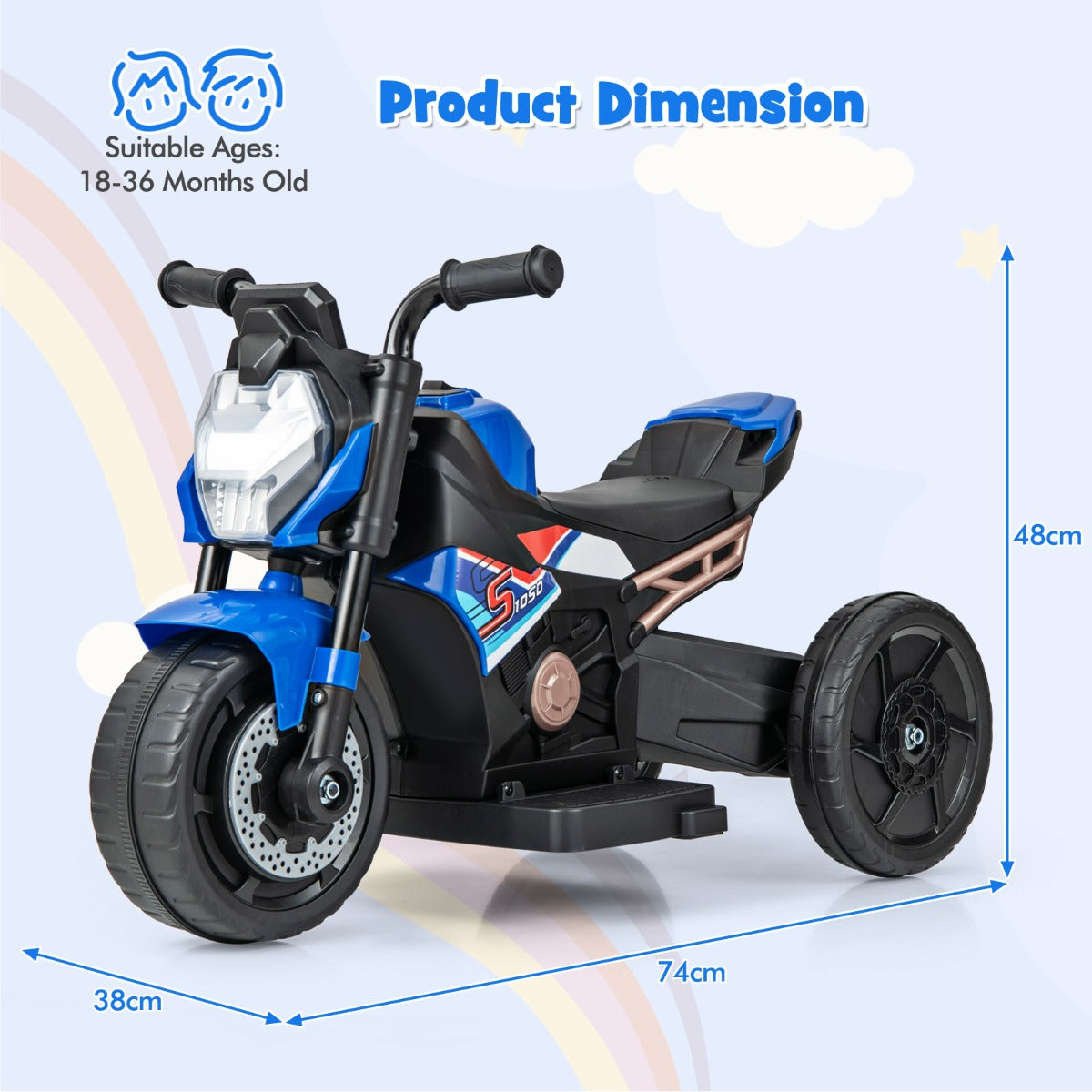6V Kids Ride-on Motorcycle with 2-wheel/3-wheel Conversion & Detachable Training Wheels-Blue