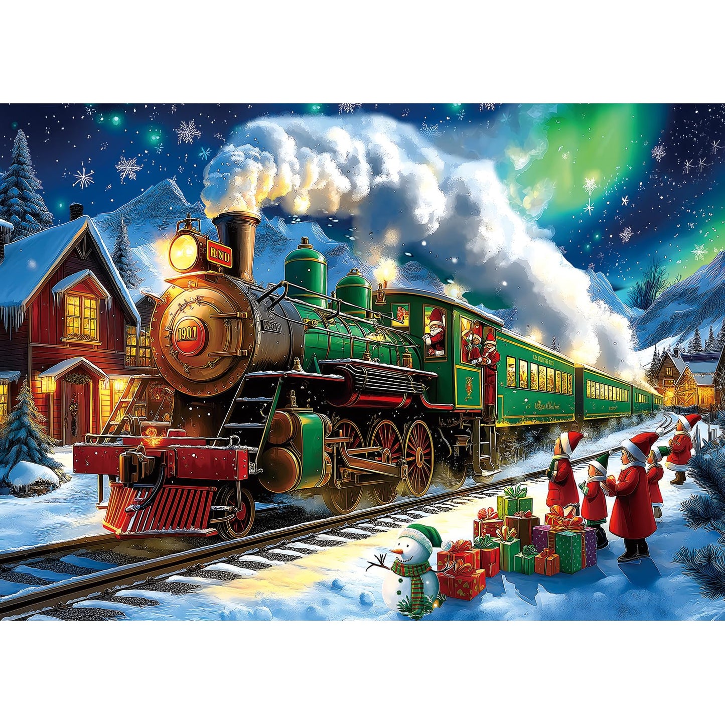 Blueforest Christmas 1000-Piece Puzzle for Adults – 27.5x19.7 Inches, Aurora & Santa Train