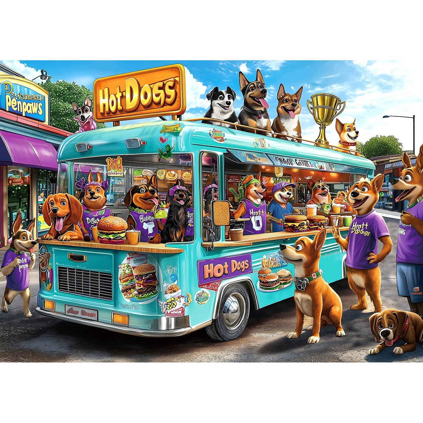 Blueforest 1000-Piece Jigsaw Puzzle for Adults – Cartoon Dogs Food Truck Adventure (27.5 x 19.7 in)
