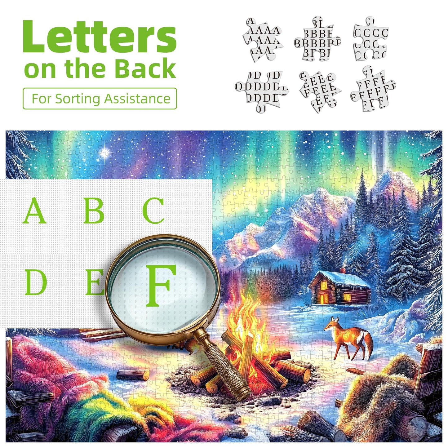 Blueforest 1000-Piece Jigsaw Puzzle – Northern Lights & Cozy Cabin Winter Bonfire (27.5 x 19.7 in)