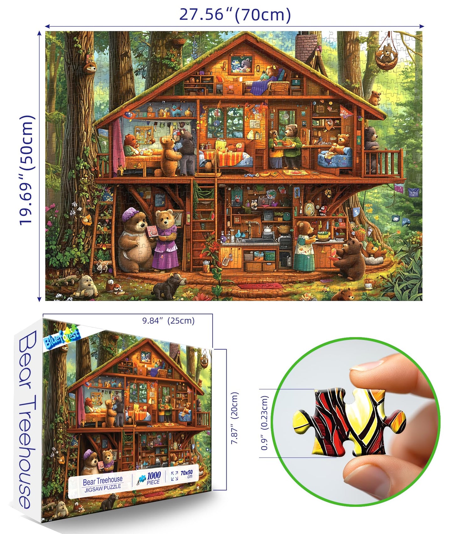 Blueforest 1000-Piece Puzzle: Large Forest Treehouse Bear Family Art for Adults (27.5 x 19.7 inches)