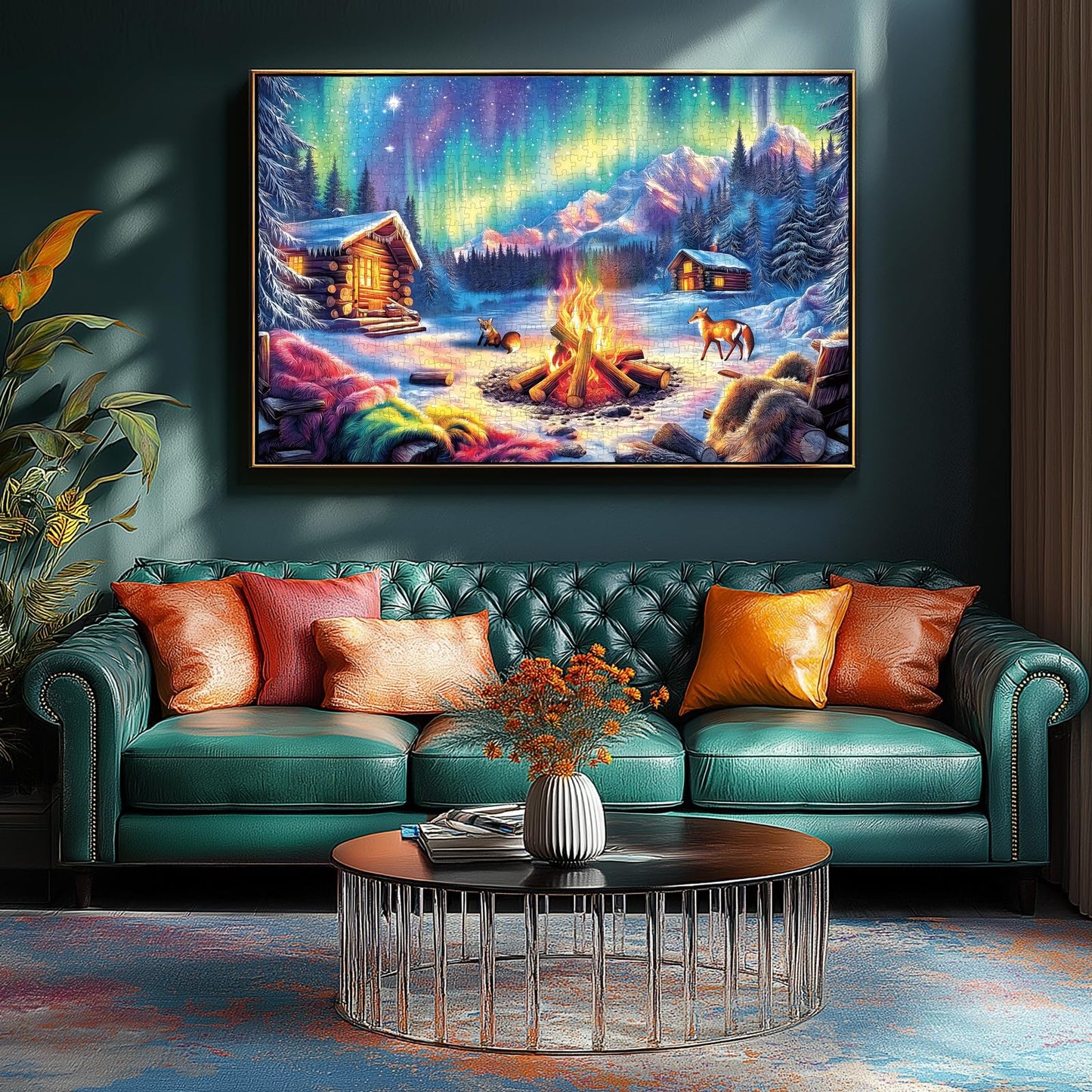 Blueforest 1000-Piece Jigsaw Puzzle – Northern Lights & Cozy Cabin Winter Bonfire (27.5 x 19.7 in)