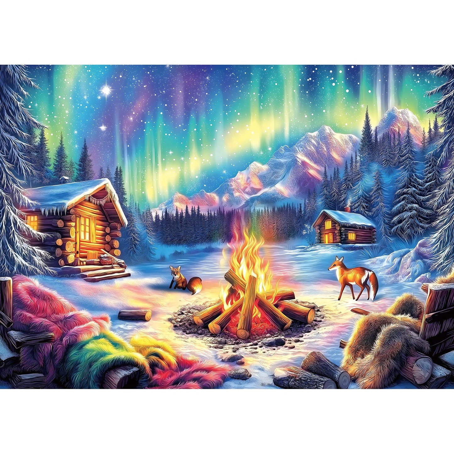 Blueforest 1000-Piece Jigsaw Puzzle – Northern Lights & Cozy Cabin Winter Bonfire (27.5 x 19.7 in)