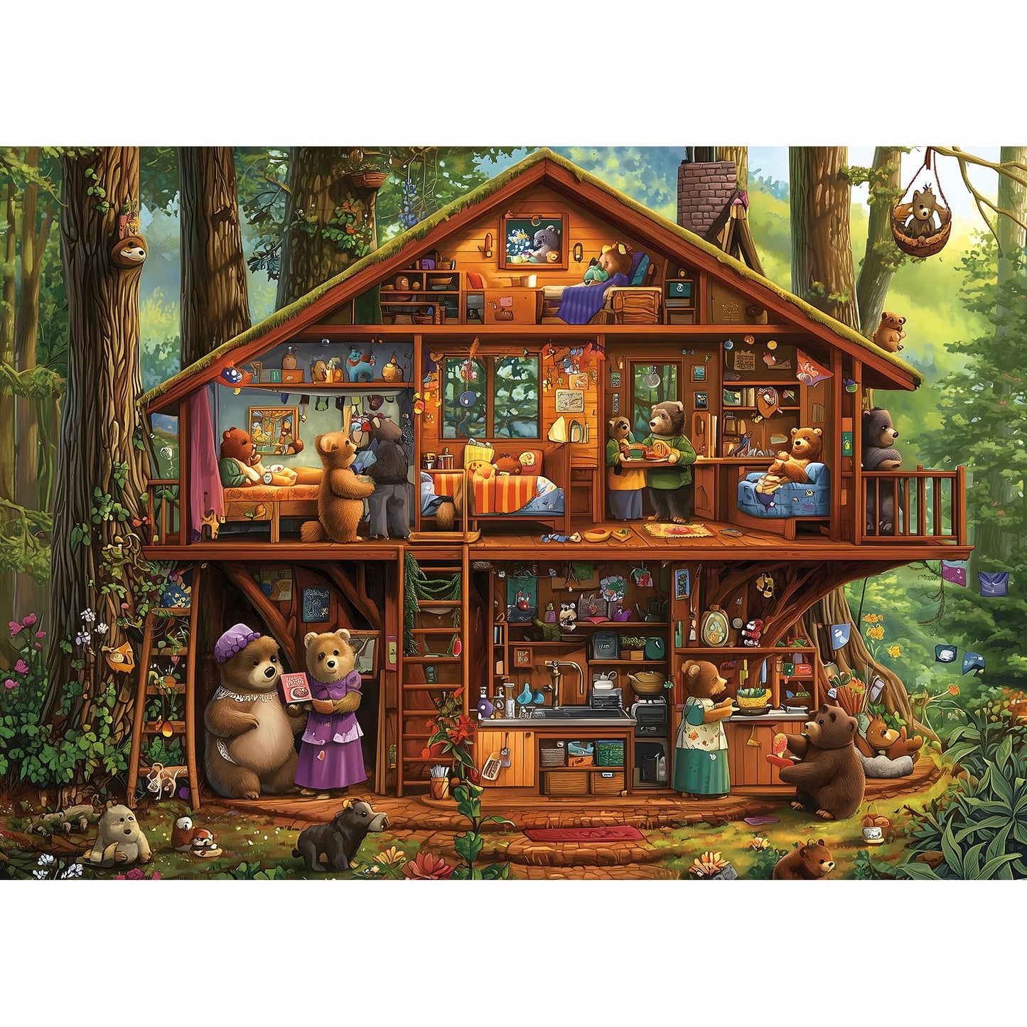 Blueforest 1000-Piece Puzzle: Large Forest Treehouse Bear Family Art for Adults (27.5 x 19.7 inches)