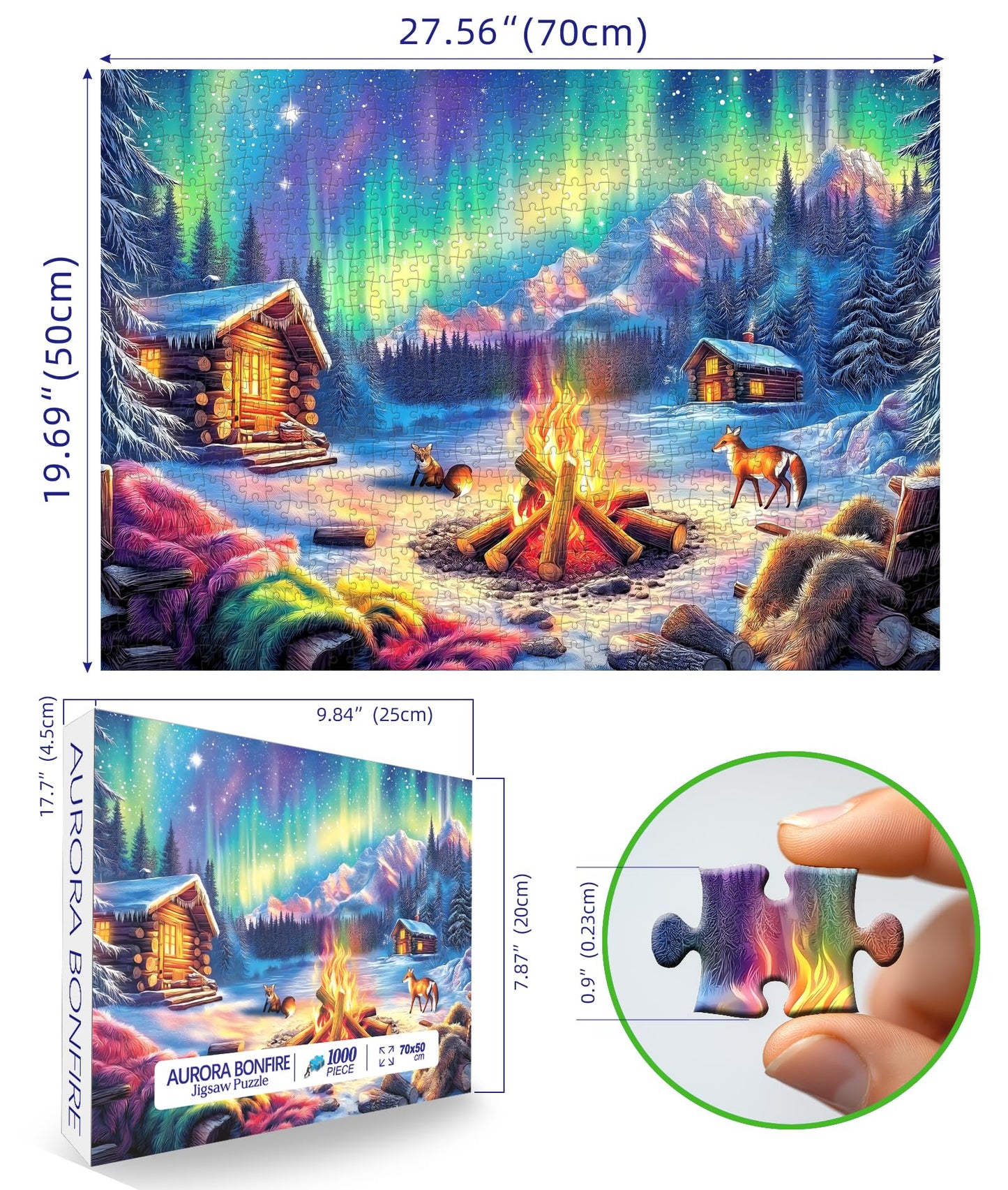 Blueforest 1000-Piece Jigsaw Puzzle – Northern Lights & Cozy Cabin Winter Bonfire (27.5 x 19.7 in)