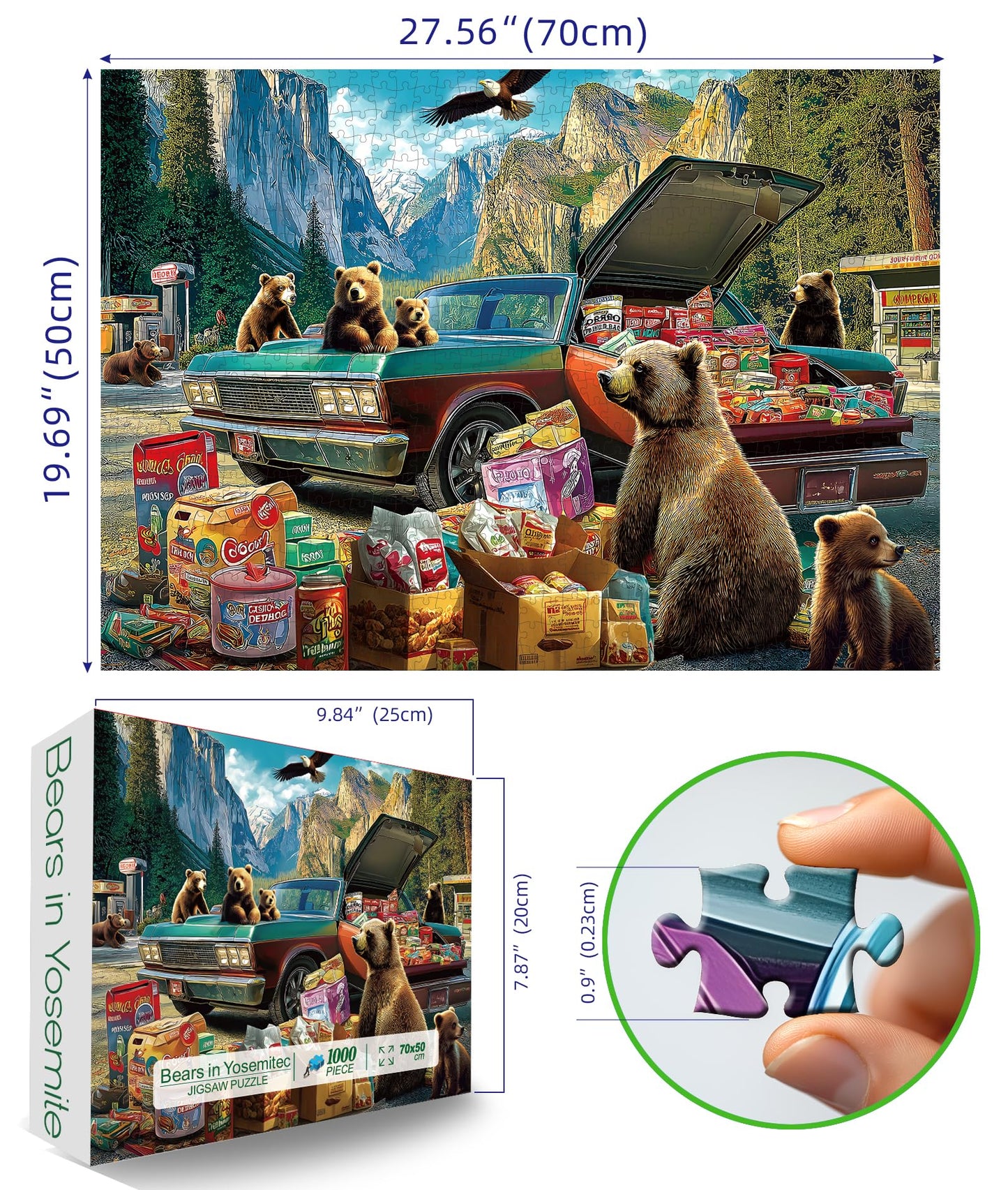 Blueforest Yosemite Bears Puzzle – 1000 Piece Wildlife Jigsaw with Vintage Car & Granite Cliffs | Bonus Poster Included