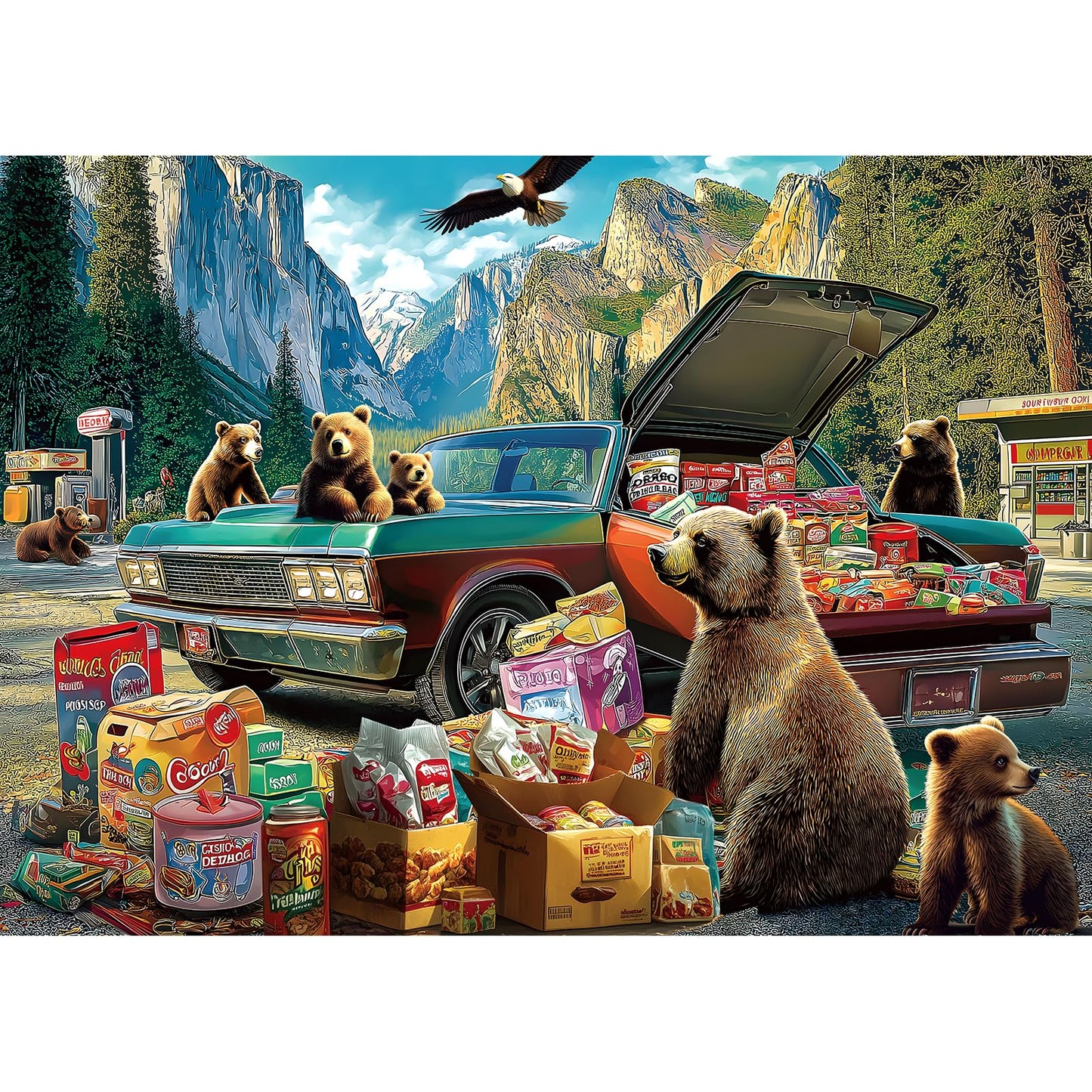 Blueforest Yosemite Bears Puzzle – 1000 Piece Wildlife Jigsaw with Vintage Car & Granite Cliffs | Bonus Poster Included