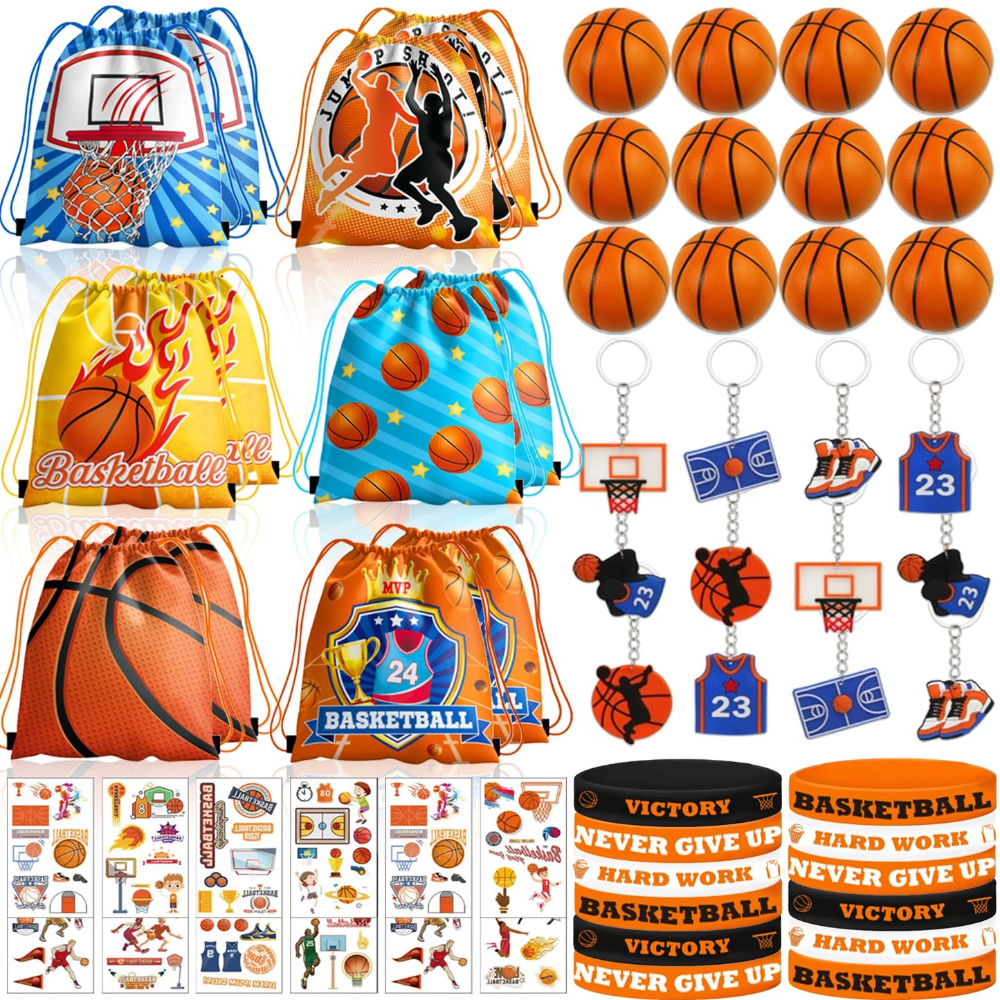 Bluegogo 60Pcs Basketball Party Favors – Drawstring Bags, Mini Basketballs, Keychains & Bracelets