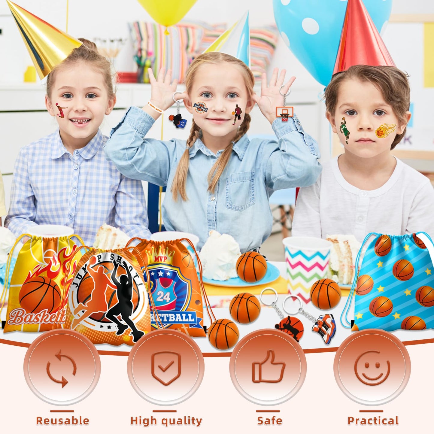 Bluegogo 60Pcs Basketball Party Favors – Drawstring Bags, Mini Basketballs, Keychains & Bracelets