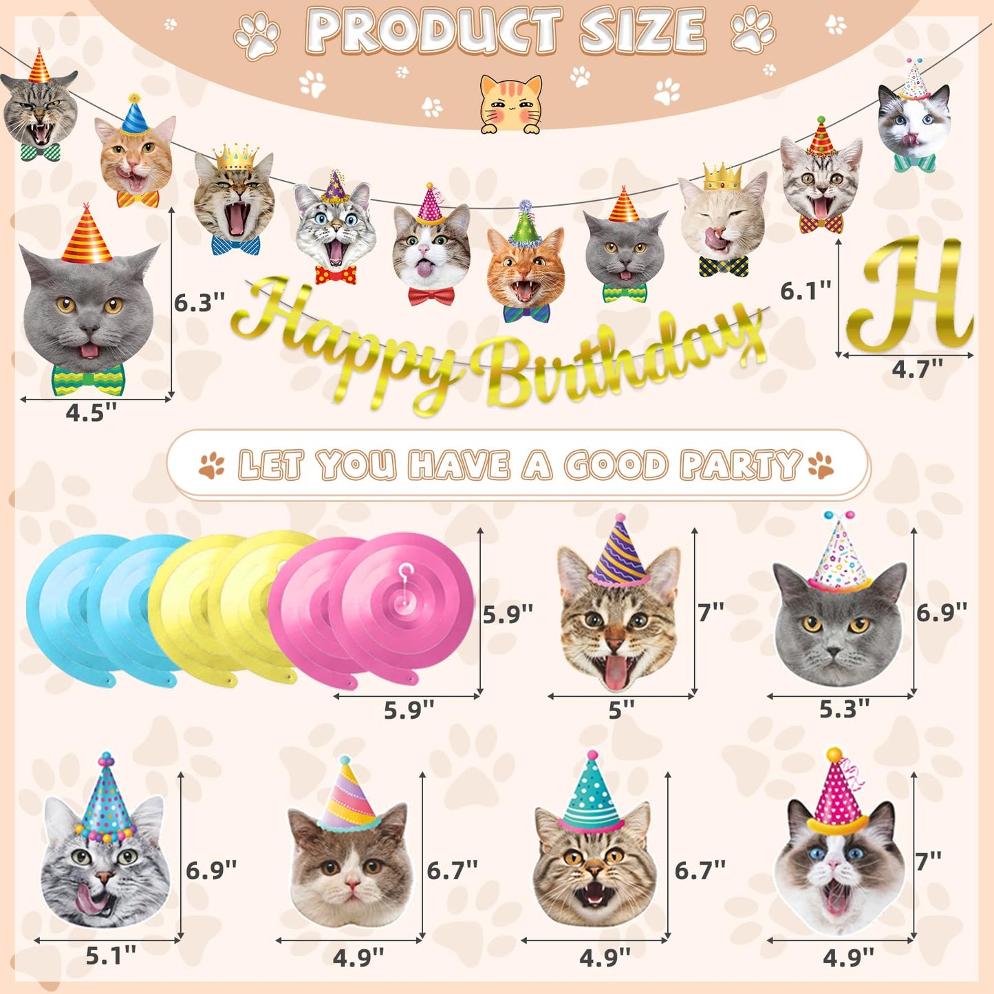 Bluegogo Cat Theme Birthday Party Decorations – 5m Banners, Cat Cards & Spirals