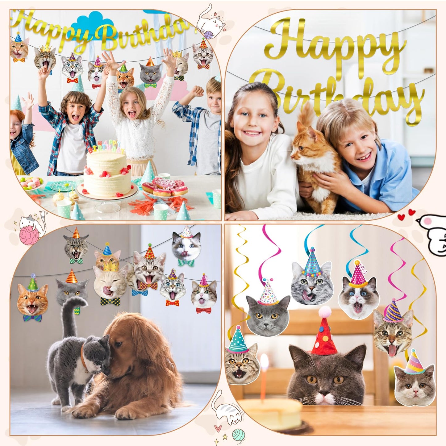 Bluegogo Cat Theme Birthday Party Decorations – 5m Banners, Cat Cards & Spirals