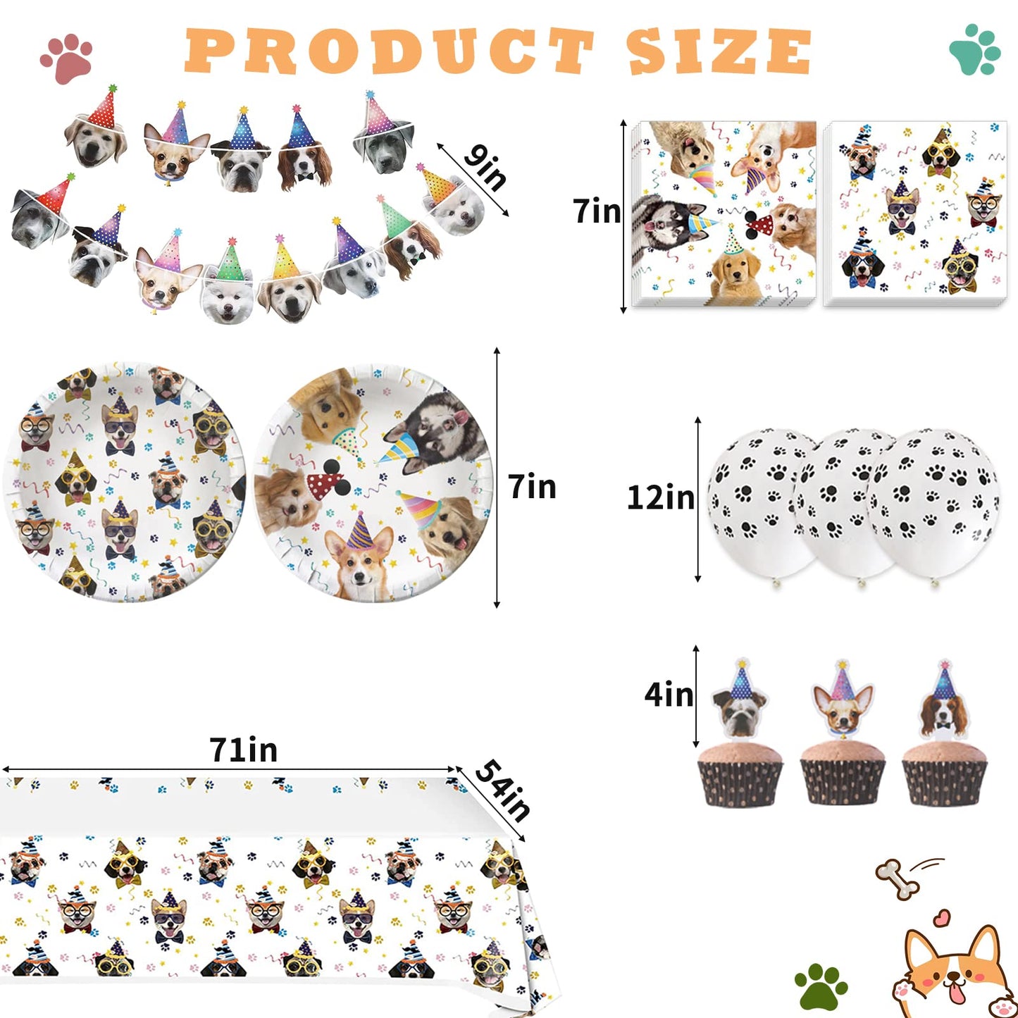 Bluegogo Dog Birthday Party Supplies — Serves 20, Plates, Napkins, Banner, Balloons, Cake Toppers