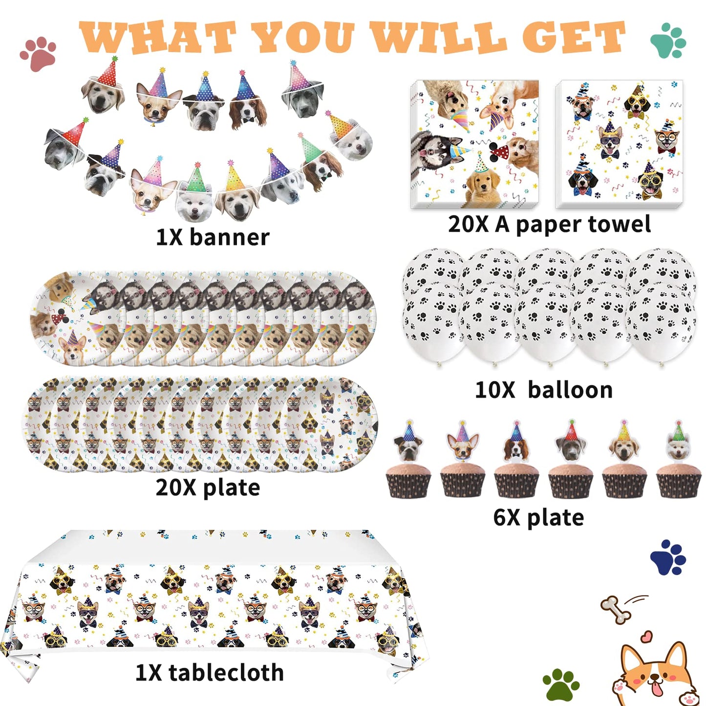 Bluegogo Dog Birthday Party Supplies — Serves 20, Plates, Napkins, Banner, Balloons, Cake Toppers