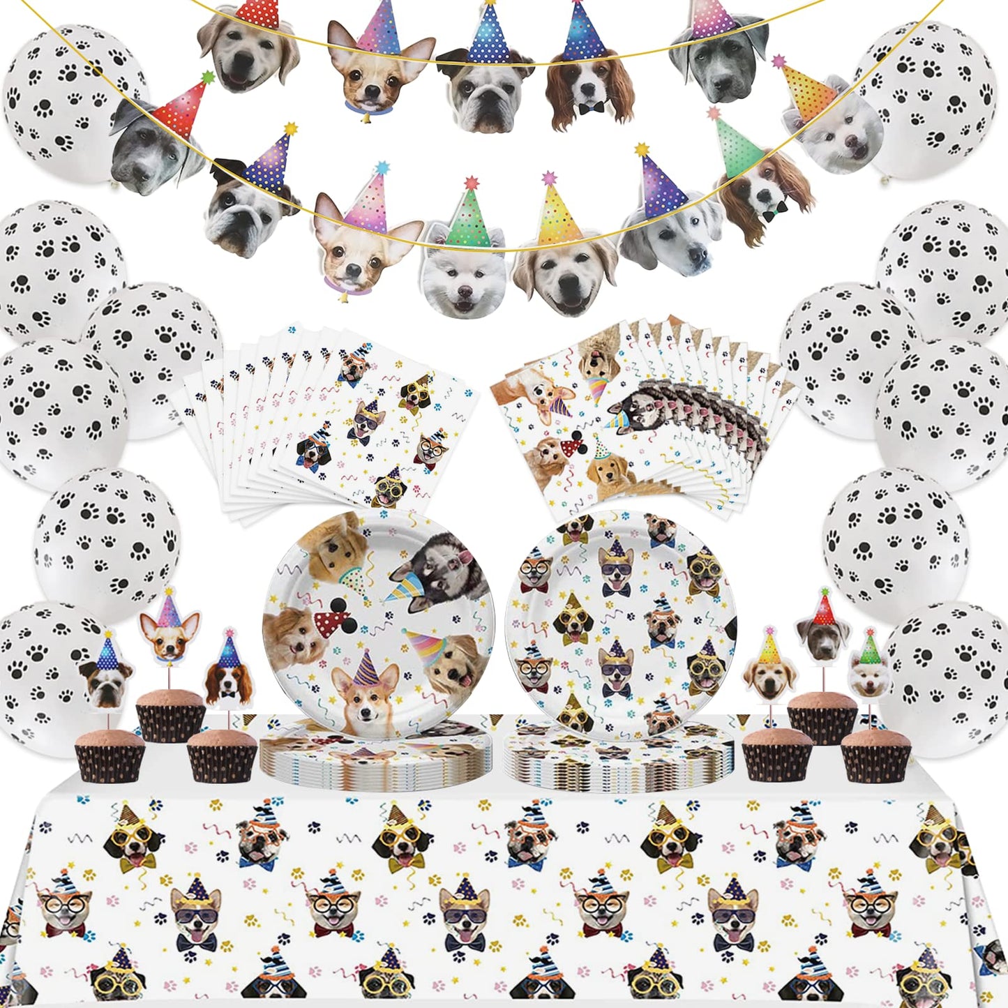 Bluegogo Dog Birthday Party Supplies — Serves 20, Plates, Napkins, Banner, Balloons, Cake Toppers