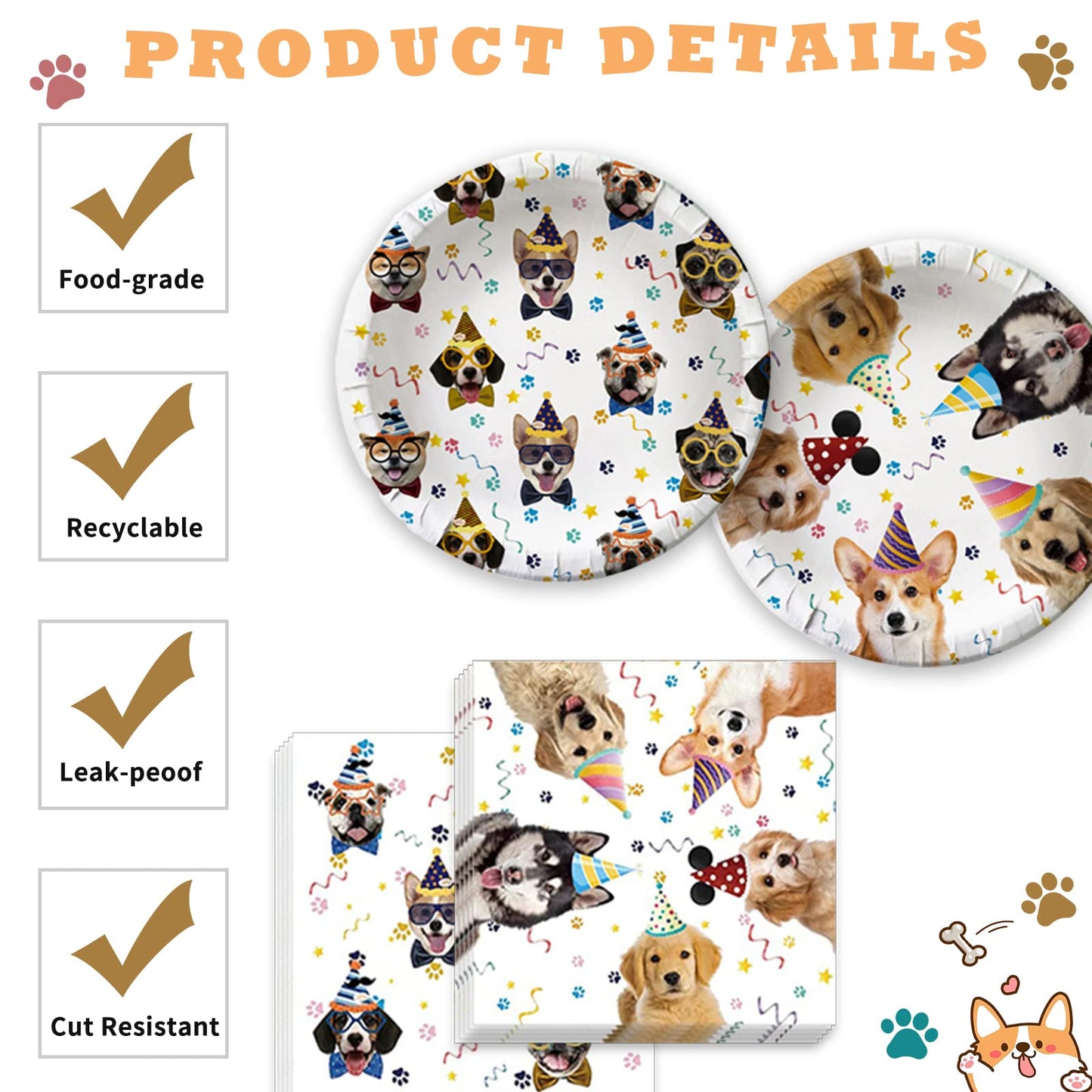 Bluegogo Dog Birthday Party Supplies — Serves 20, Plates, Napkins, Banner, Balloons, Cake Toppers