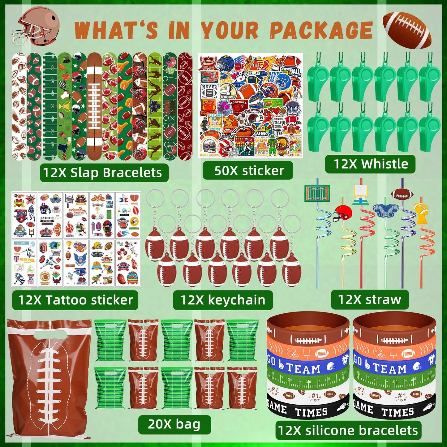Bluegogo 134 Pcs Football Party Favors Set: Bracelets, Whistles & Keychains