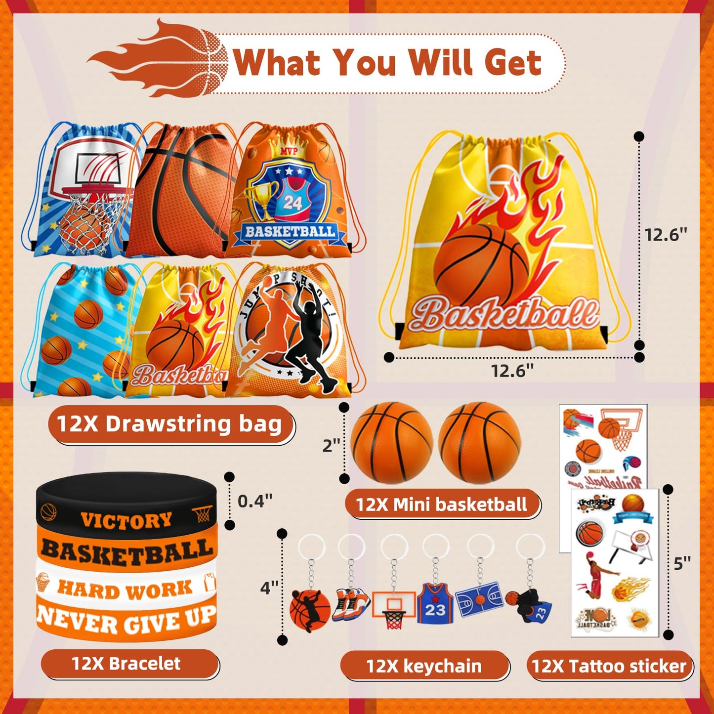 Bluegogo 60Pcs Basketball Party Favors – Drawstring Bags, Mini Basketballs, Keychains & Bracelets