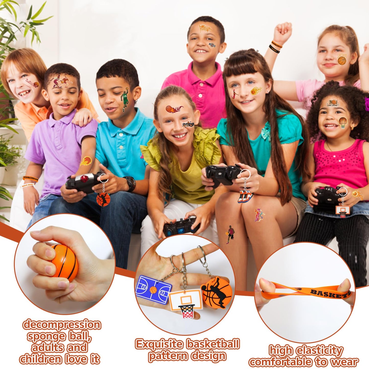 Bluegogo 60Pcs Basketball Party Favors – Drawstring Bags, Mini Basketballs, Keychains & Bracelets