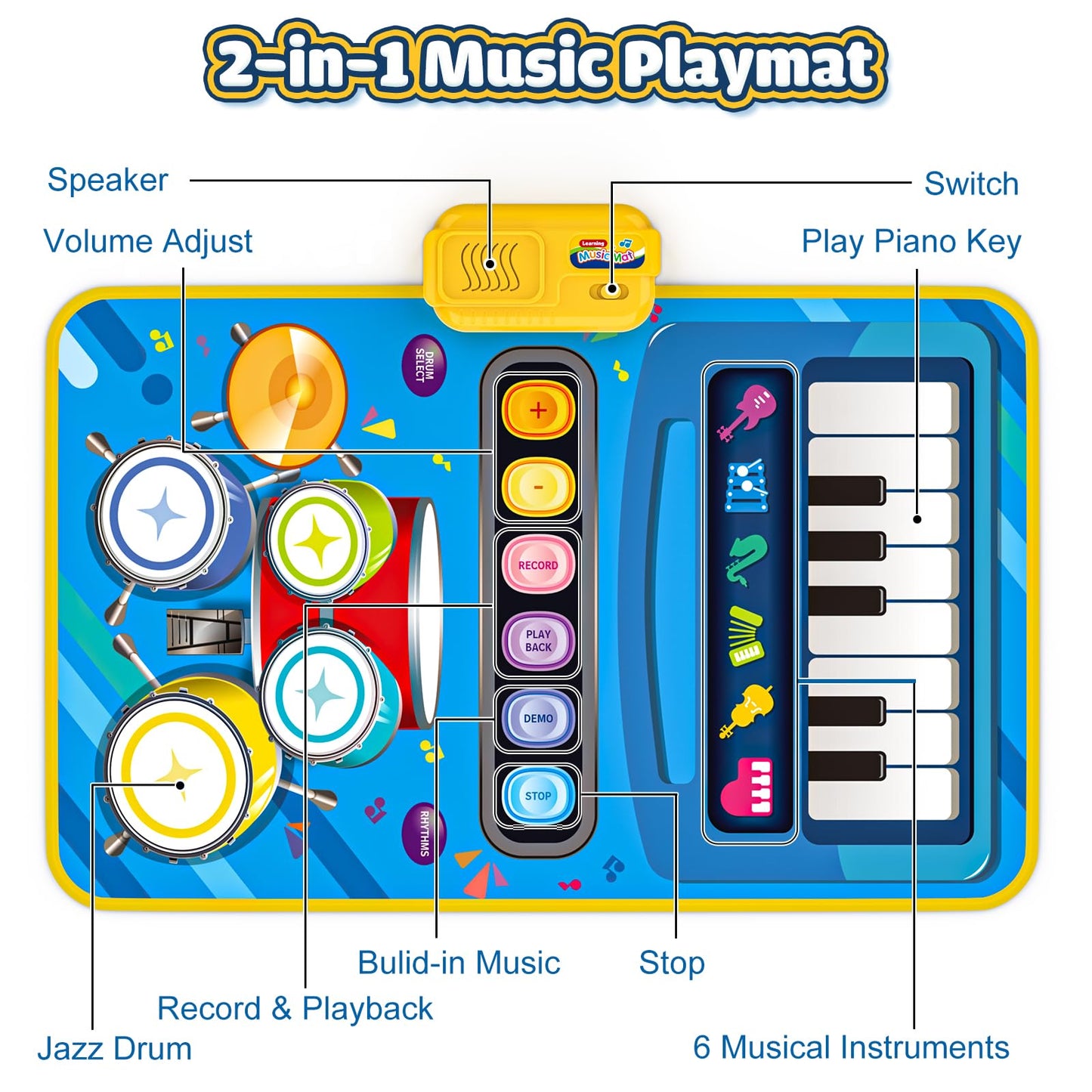 BLUEJAY 2-in-1 Musical Piano & Drum Mat for Toddlers — 12-36 Months