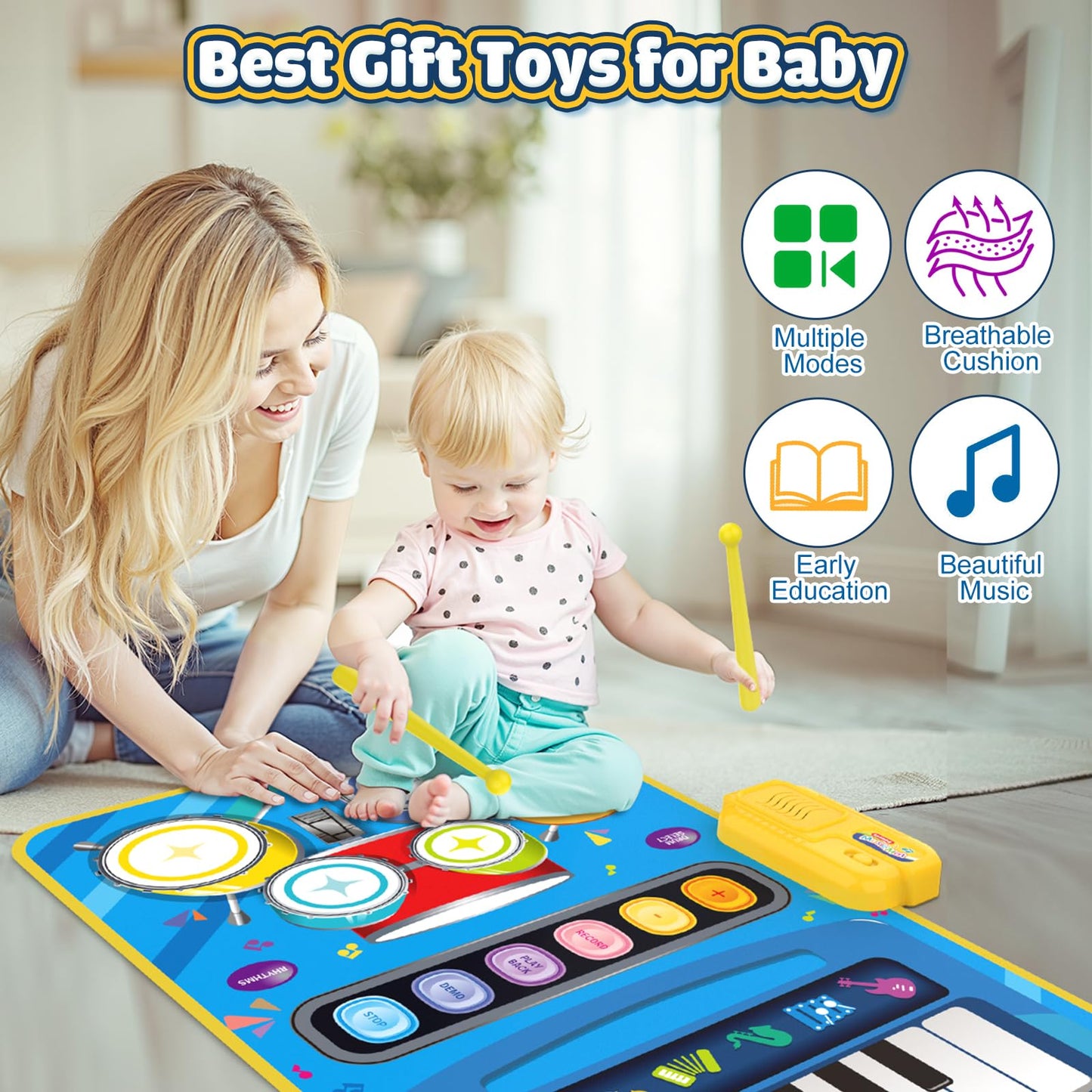 BLUEJAY 2-in-1 Musical Piano & Drum Mat for Toddlers — 12-36 Months