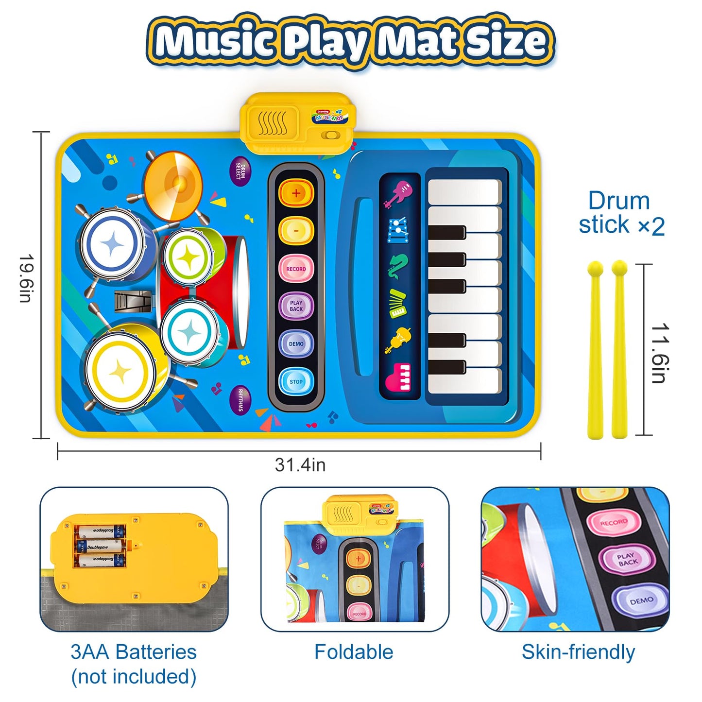 BLUEJAY 2-in-1 Musical Piano & Drum Mat for Toddlers — 12-36 Months