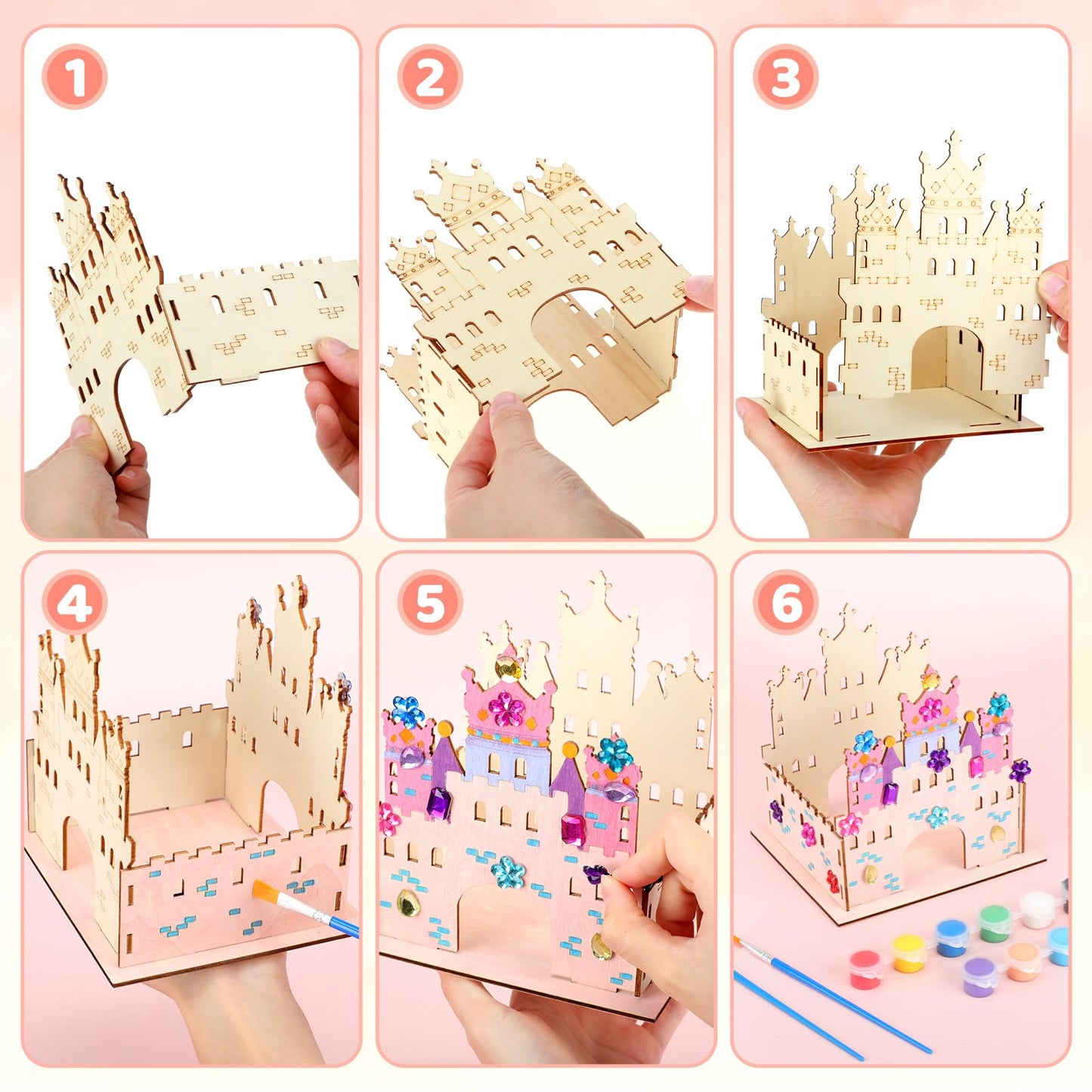 Blueweenly 12-Set DIY Wooden Castle Crafts for Kids – Party Favors with Paint, Brushes & 12-Color Palette