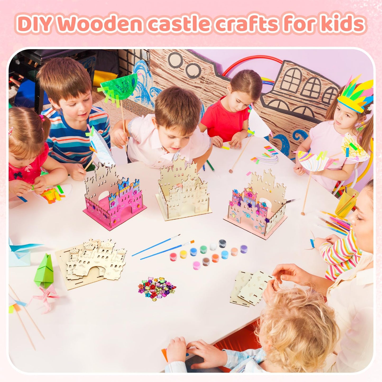 Blueweenly 12-Set DIY Wooden Castle Crafts for Kids – Party Favors with Paint, Brushes & 12-Color Palette
