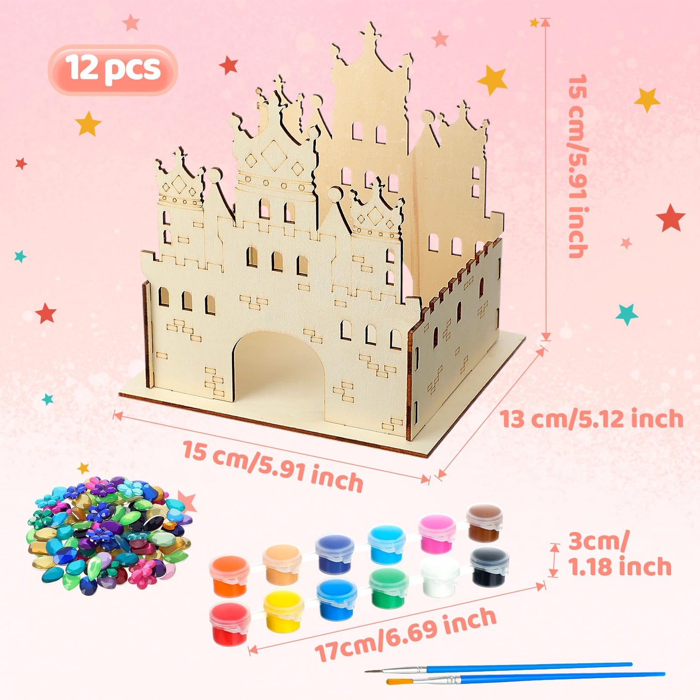 Blueweenly 12-Set DIY Wooden Castle Crafts for Kids – Party Favors with Paint, Brushes & 12-Color Palette