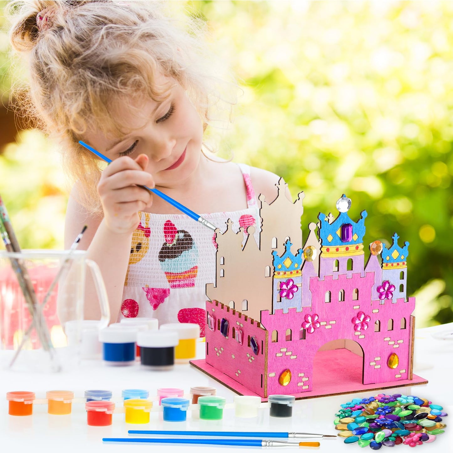 Blueweenly 12-Set DIY Wooden Castle Crafts for Kids – Party Favors with Paint, Brushes & 12-Color Palette