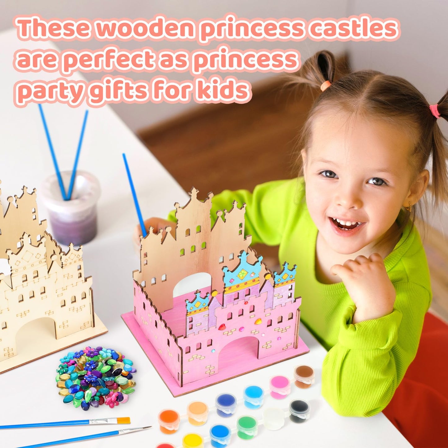 Blueweenly 12-Set DIY Wooden Castle Crafts for Kids – Party Favors with Paint, Brushes & 12-Color Palette