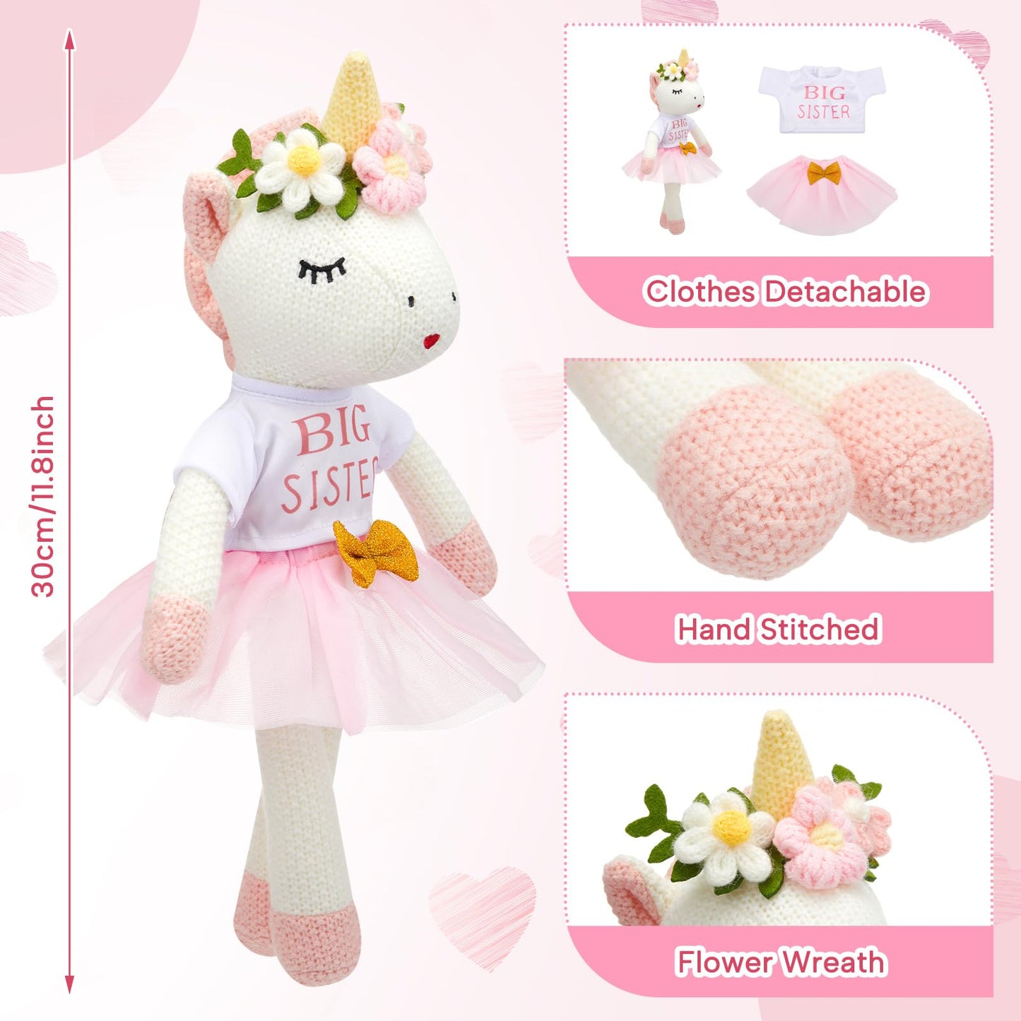 Blueweenly Big Sister Unicorn Plush — 11.8 in Gift with Pink Tutu & White Shirt