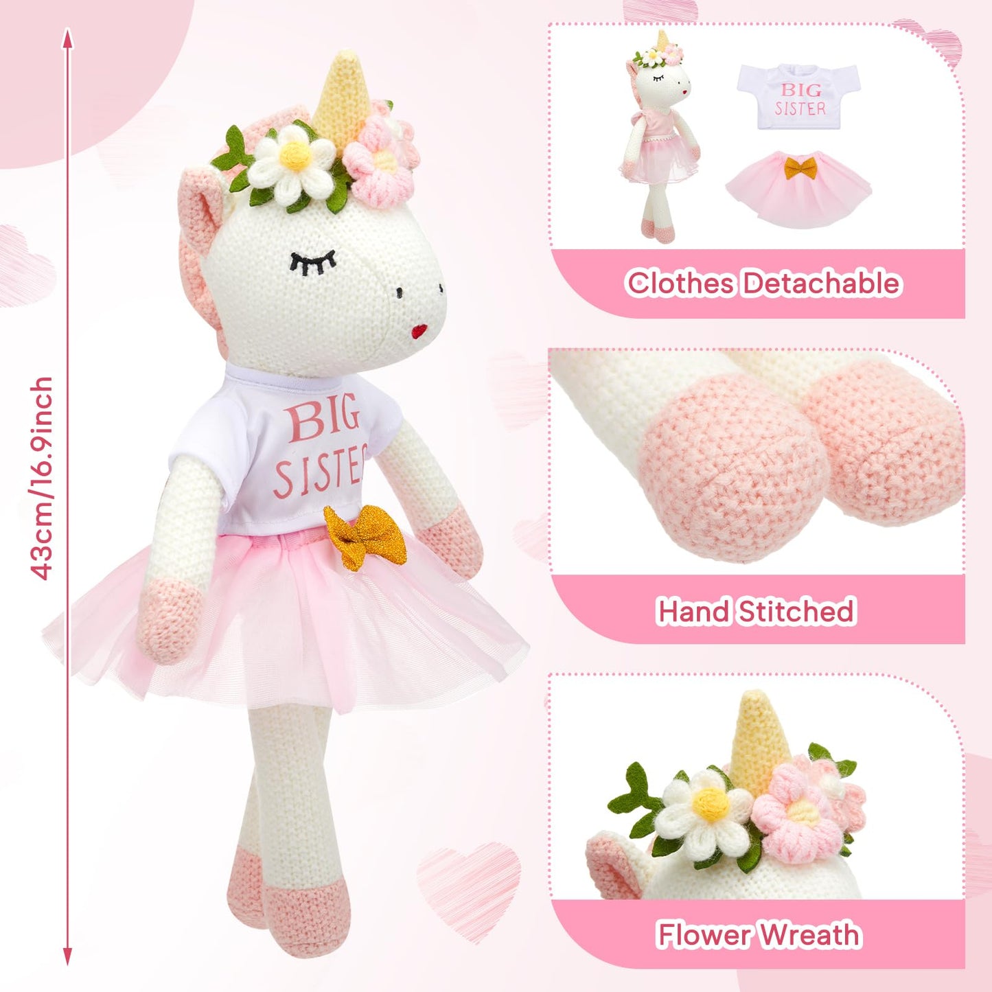 Blueweenly 17-Inch Unicorn Plush with Matching Outfit — Big Sister Ballerina Doll Gift for Girls
