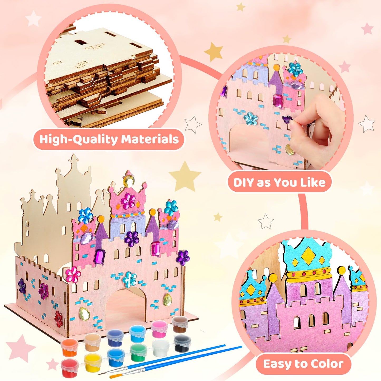 Blueweenly 12-Set DIY Wooden Castle Crafts for Kids – Party Favors with Paint, Brushes & 12-Color Palette