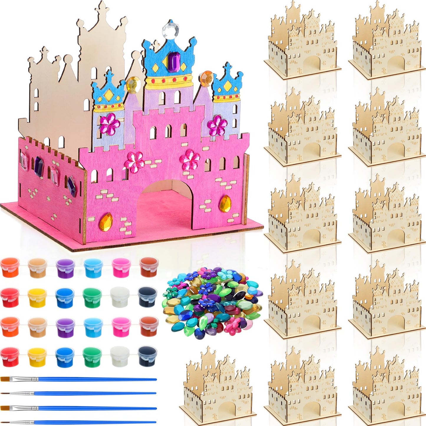 Blueweenly 12-Set DIY Wooden Castle Crafts for Kids – Party Favors with Paint, Brushes & 12-Color Palette