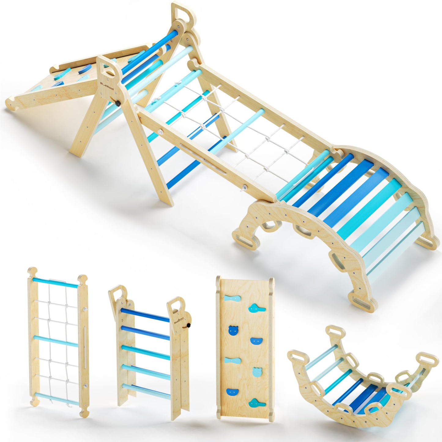 BlueWood 2025 8-in-1 Pikler Triangle Climbing Set | Sky Blue Indoor Toddler Gym