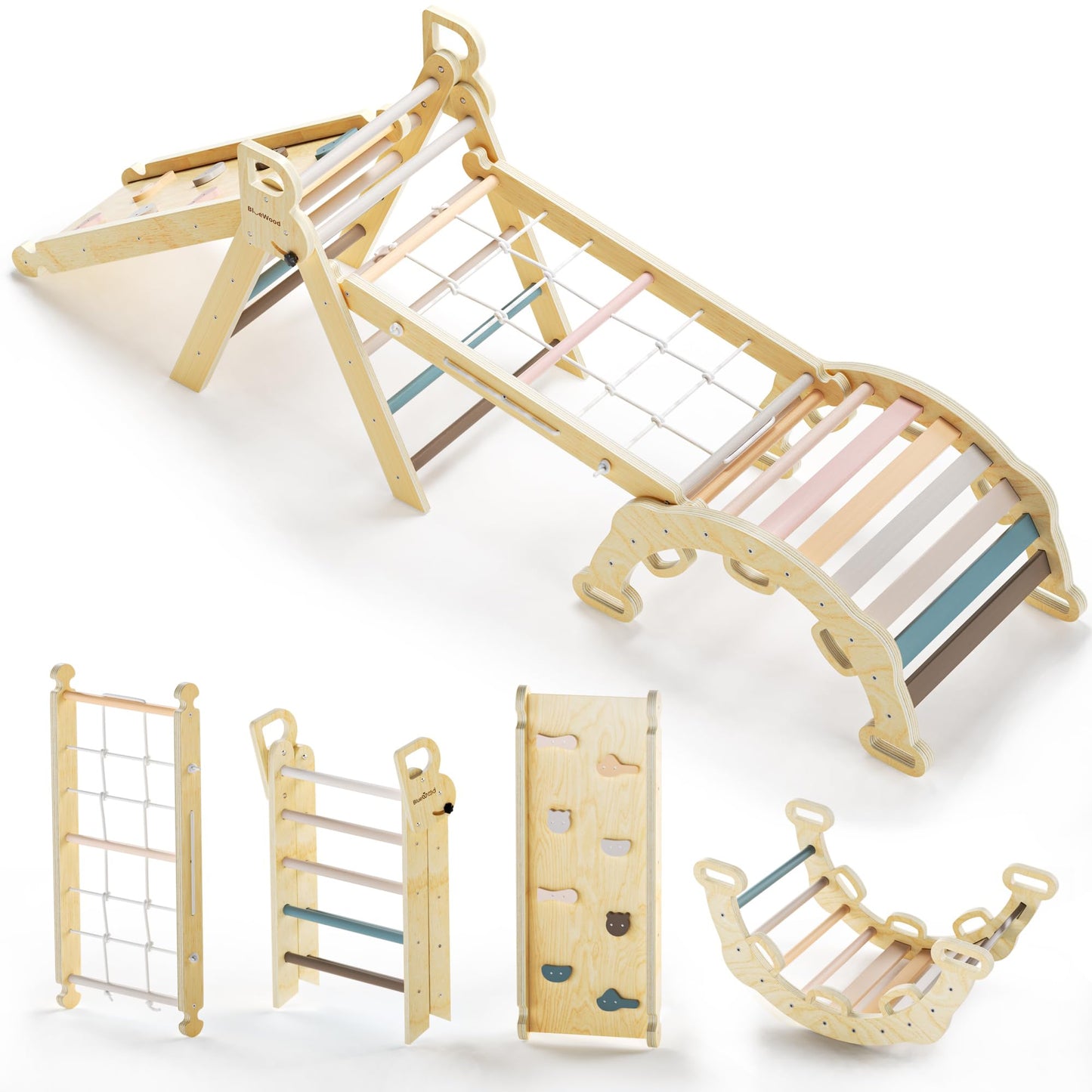 BlueWood 8-in-1 Pikler Triangle Climbing Set – Mauve Pink