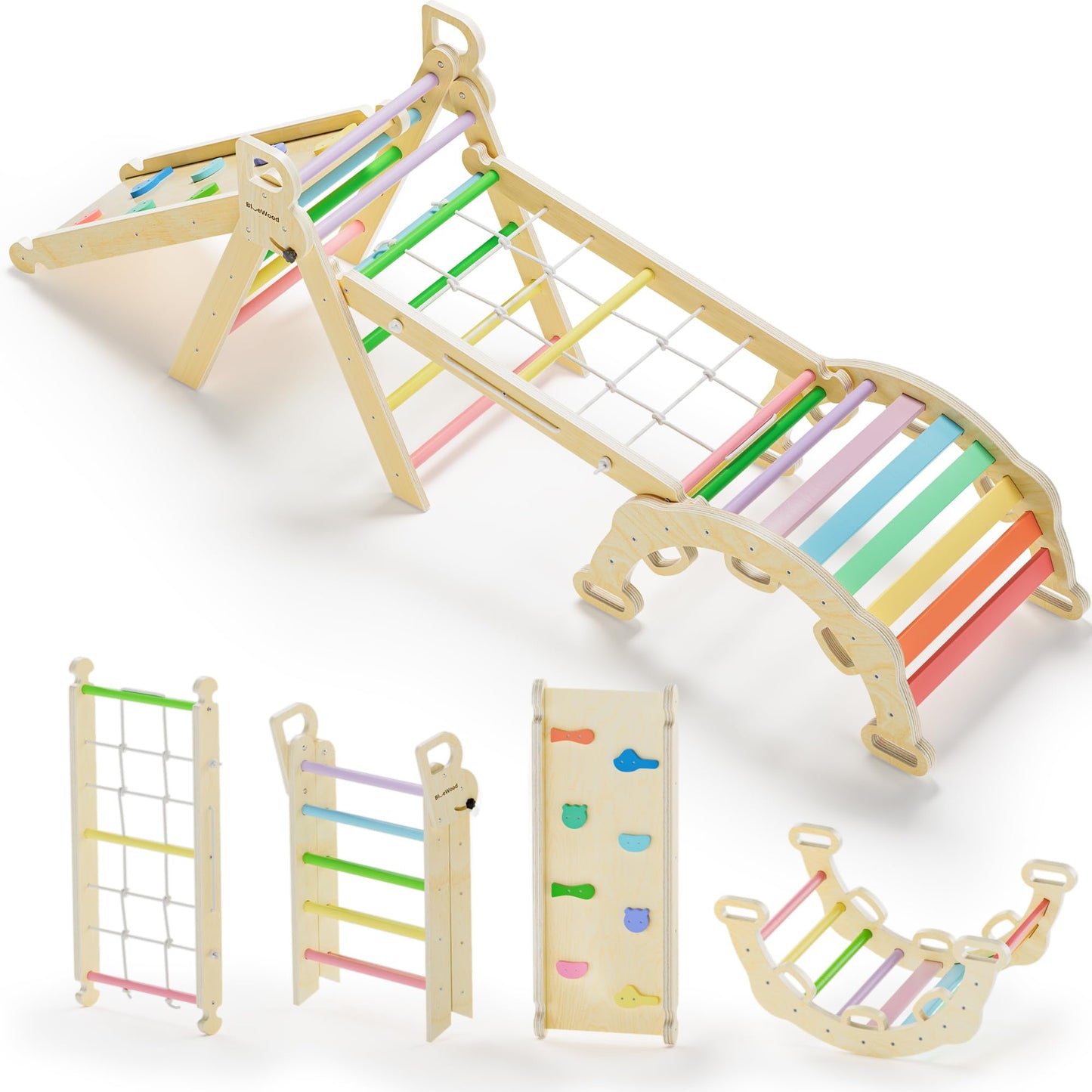 BlueWood 8-in-1 Pikler Triangle Climbing Set - Rainbow | Indoor Toddler Playground