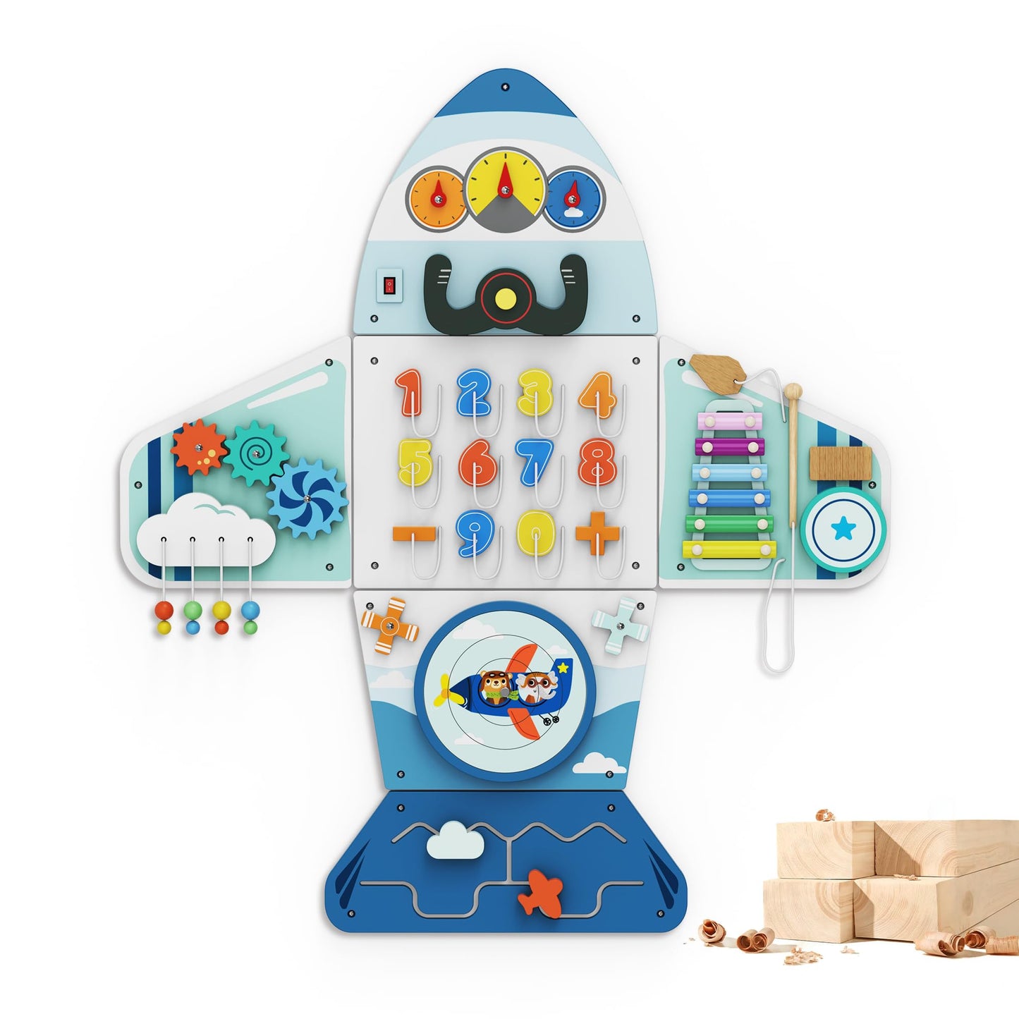 BlueWood Aircraft Busy Board Panel – Wooden Wall Activity Center for Toddler Learning | Montessori Sensory Toy