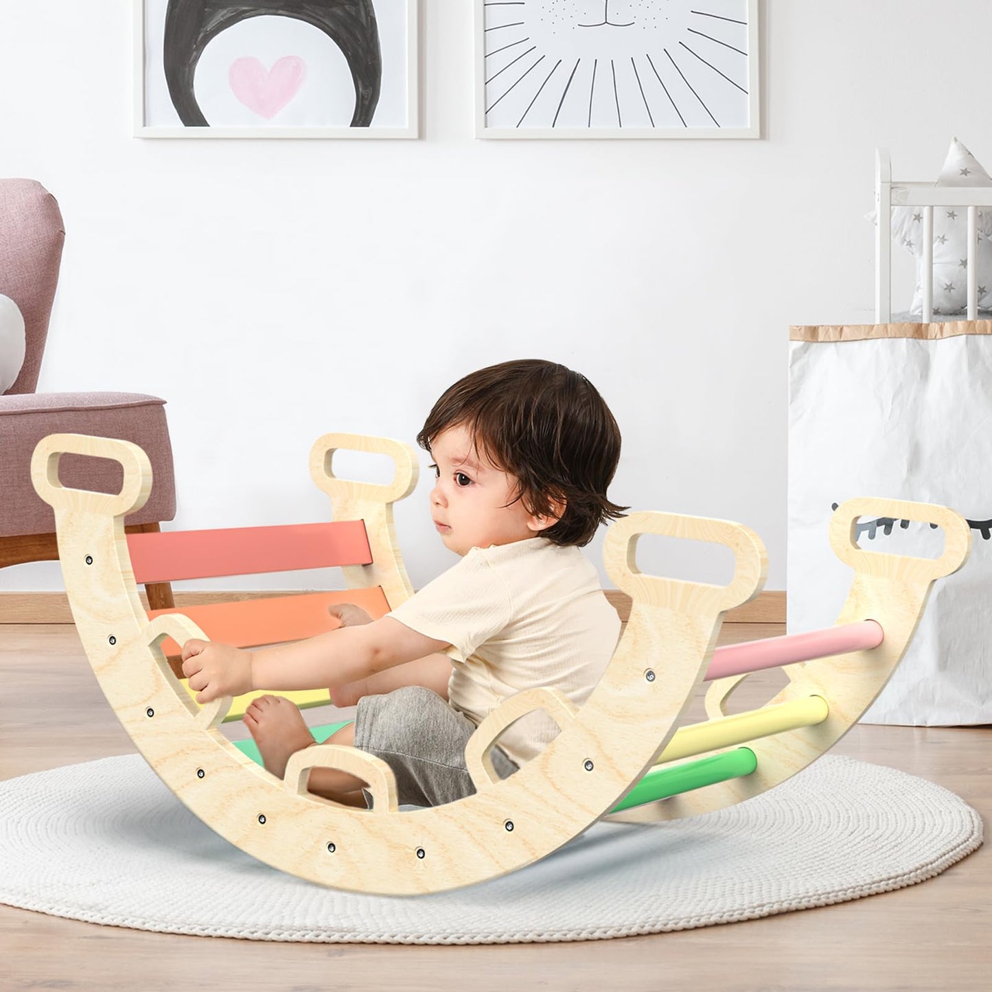 BlueWood Aurora Rainbow Wooden Climbing Arch for Toddlers – Indoor Playset